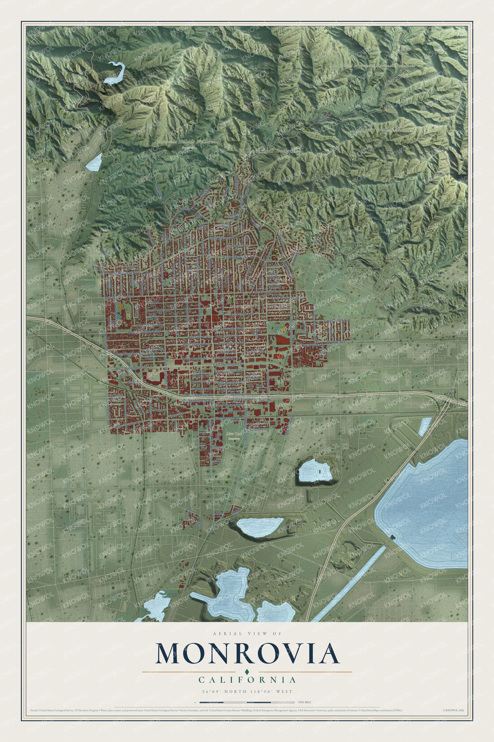Full map of Monrovia, California, with red buildings, printed street names and the land around them
