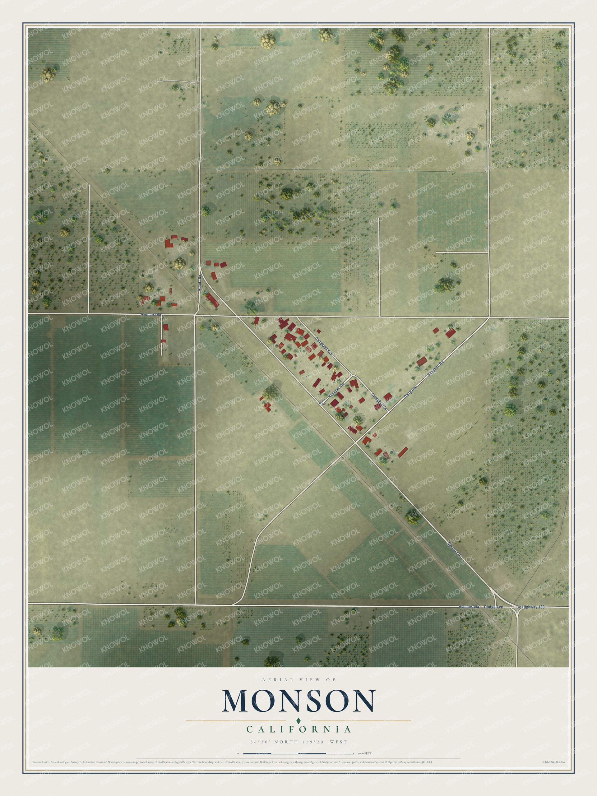 Full map of Monson, California, with red buildings, printed street names and the land around them