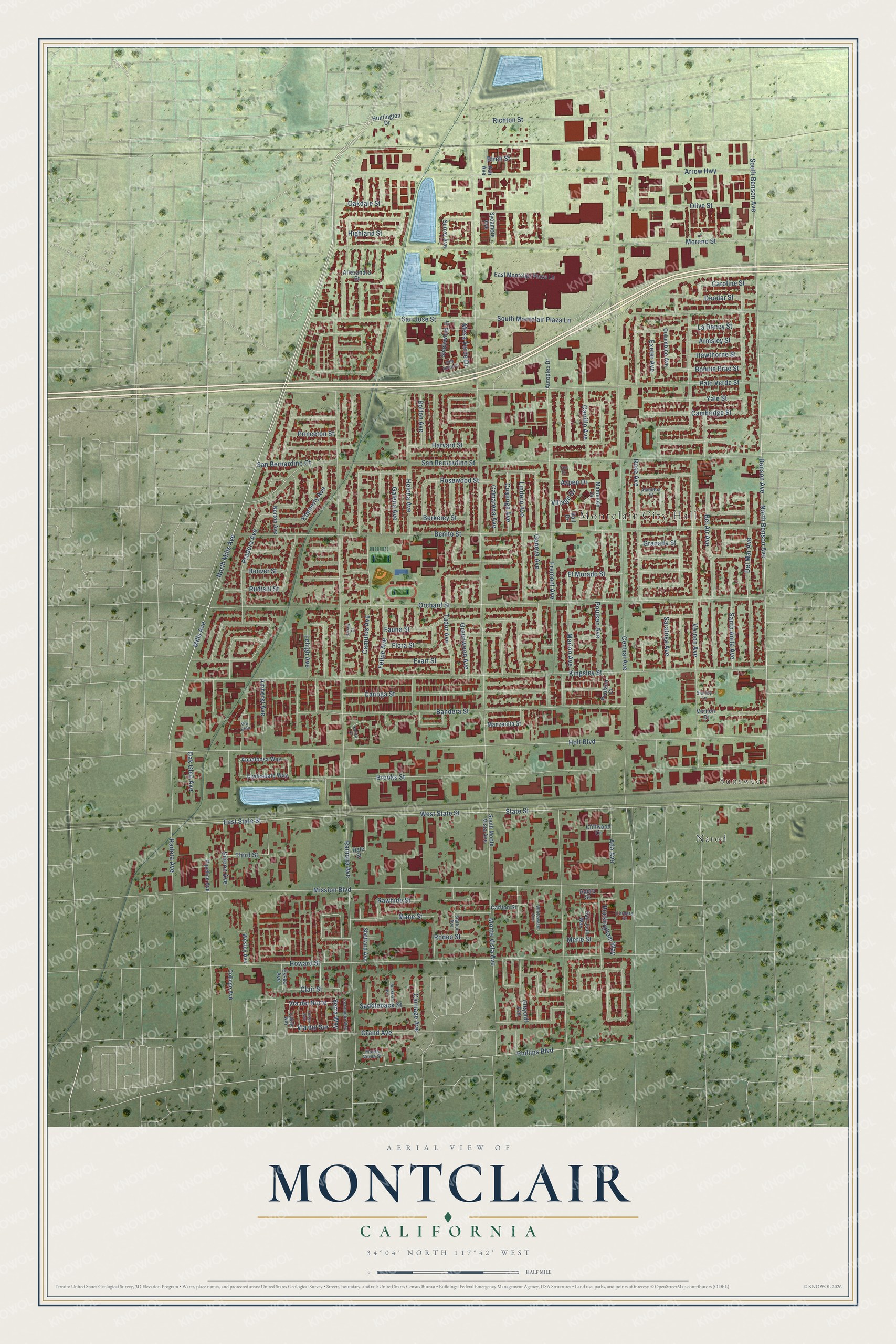 Full map of Montclair, California, with red buildings, printed street names and the land around them