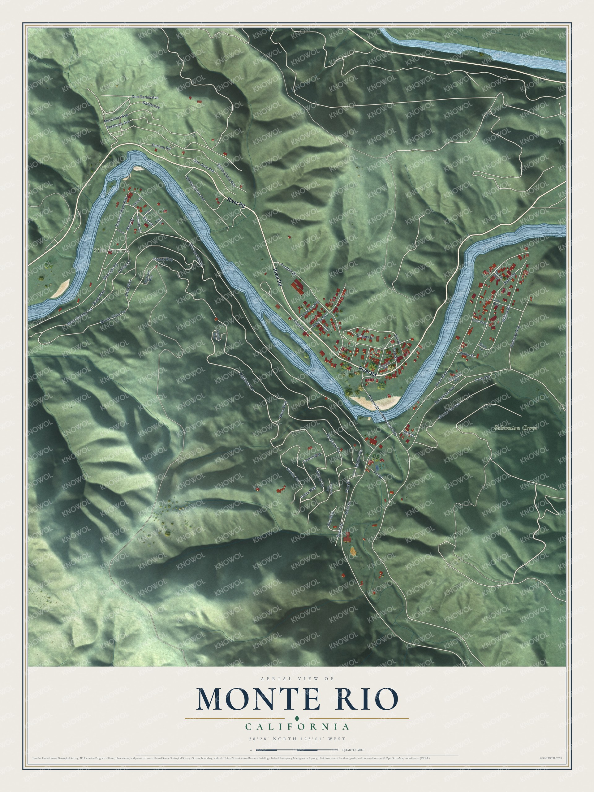 Full map of Monte Rio, California, with red buildings, printed street names and the land around them