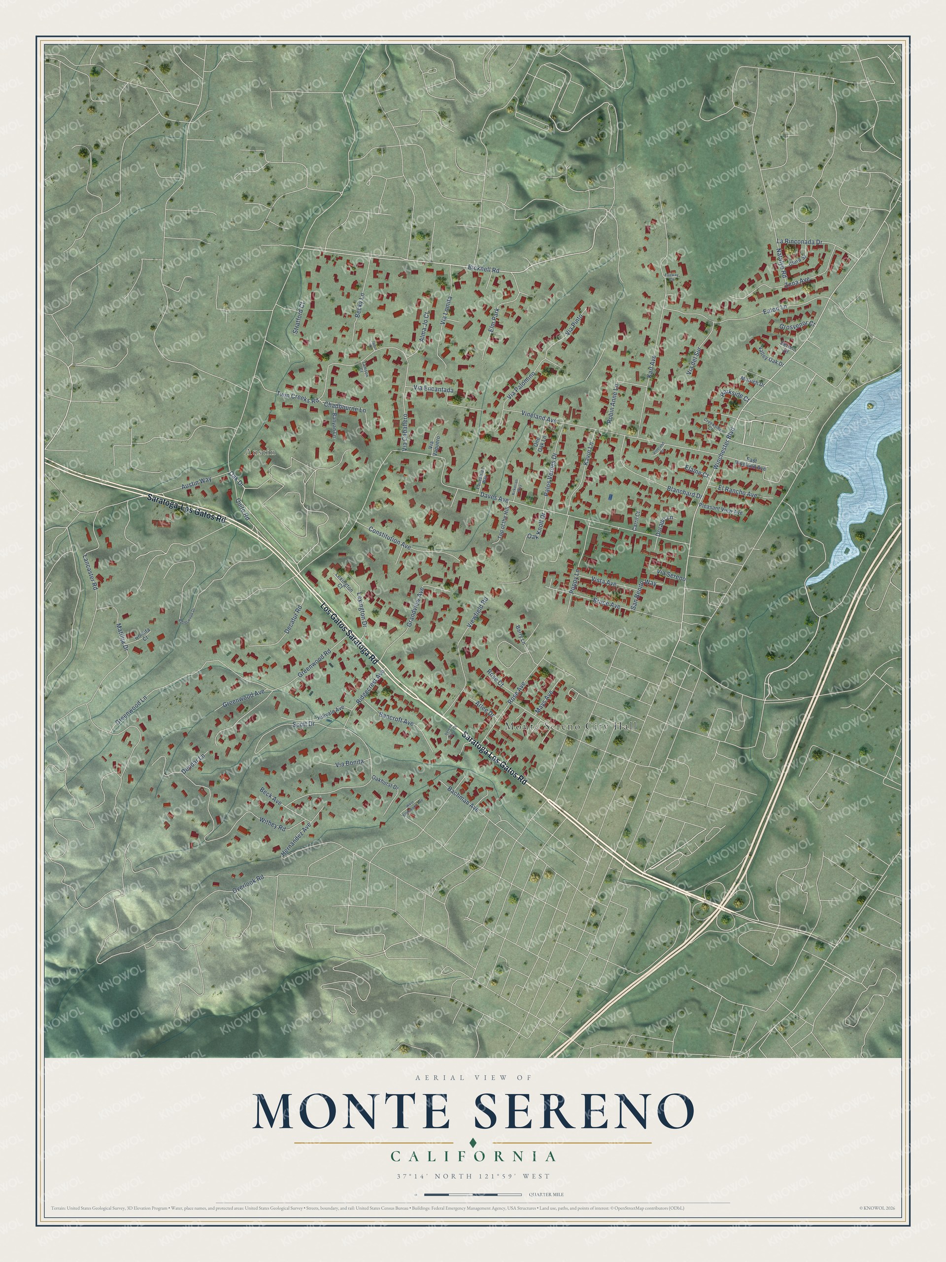 Full map of Monte Sereno, California, with red buildings, printed street names and the land around them