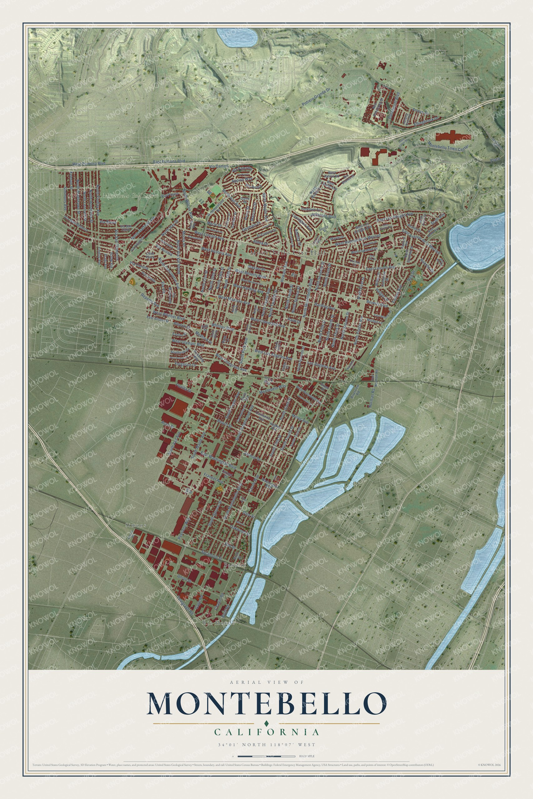 Full map of Montebello, California, with red buildings, printed street names and the land around them