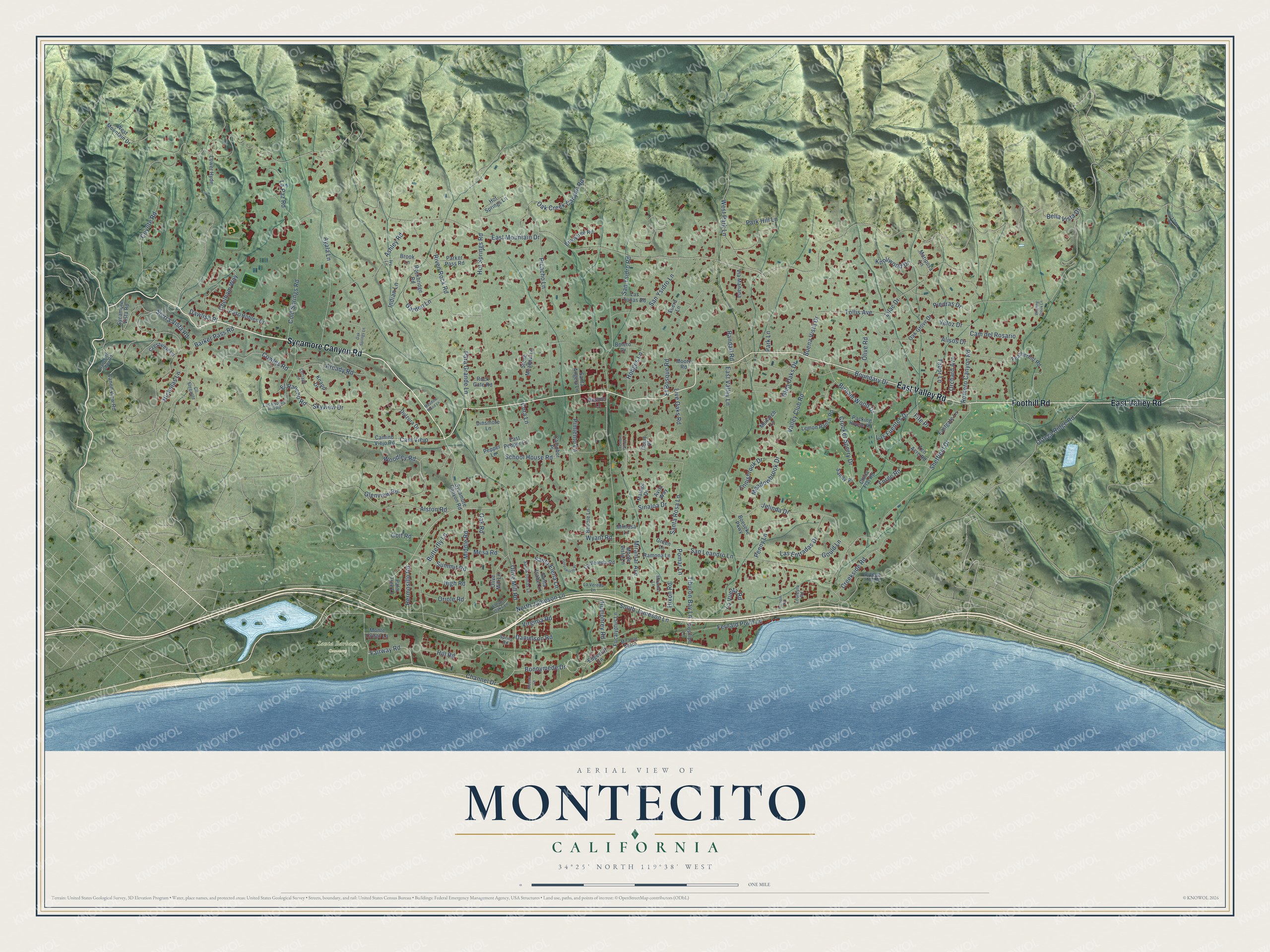 Full map of Montecito, California, with red buildings, printed street names and the land around them