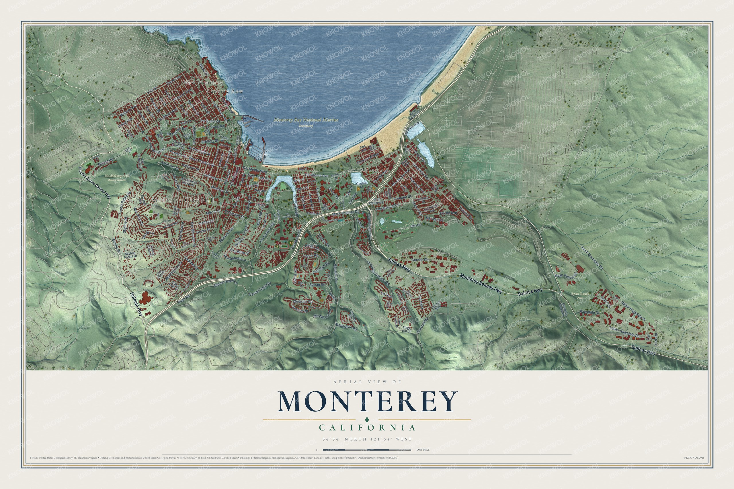 Full map of Monterey, California, with red buildings, printed street names and the land around them