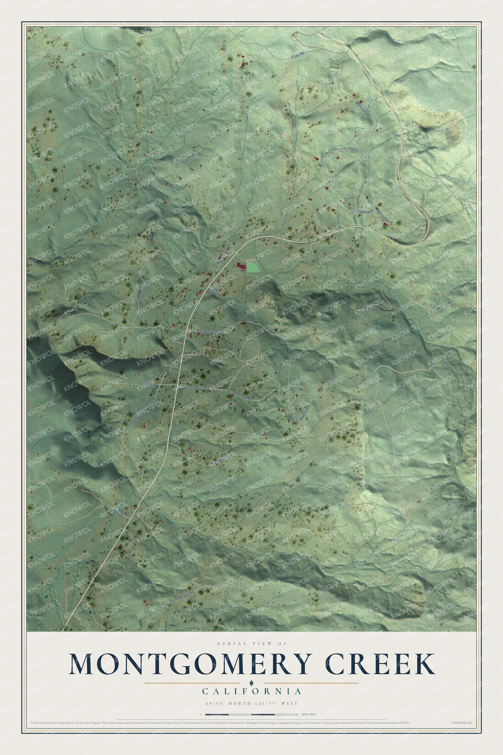 Full map of Montgomery Creek, California, with red buildings, printed street names and the land around them