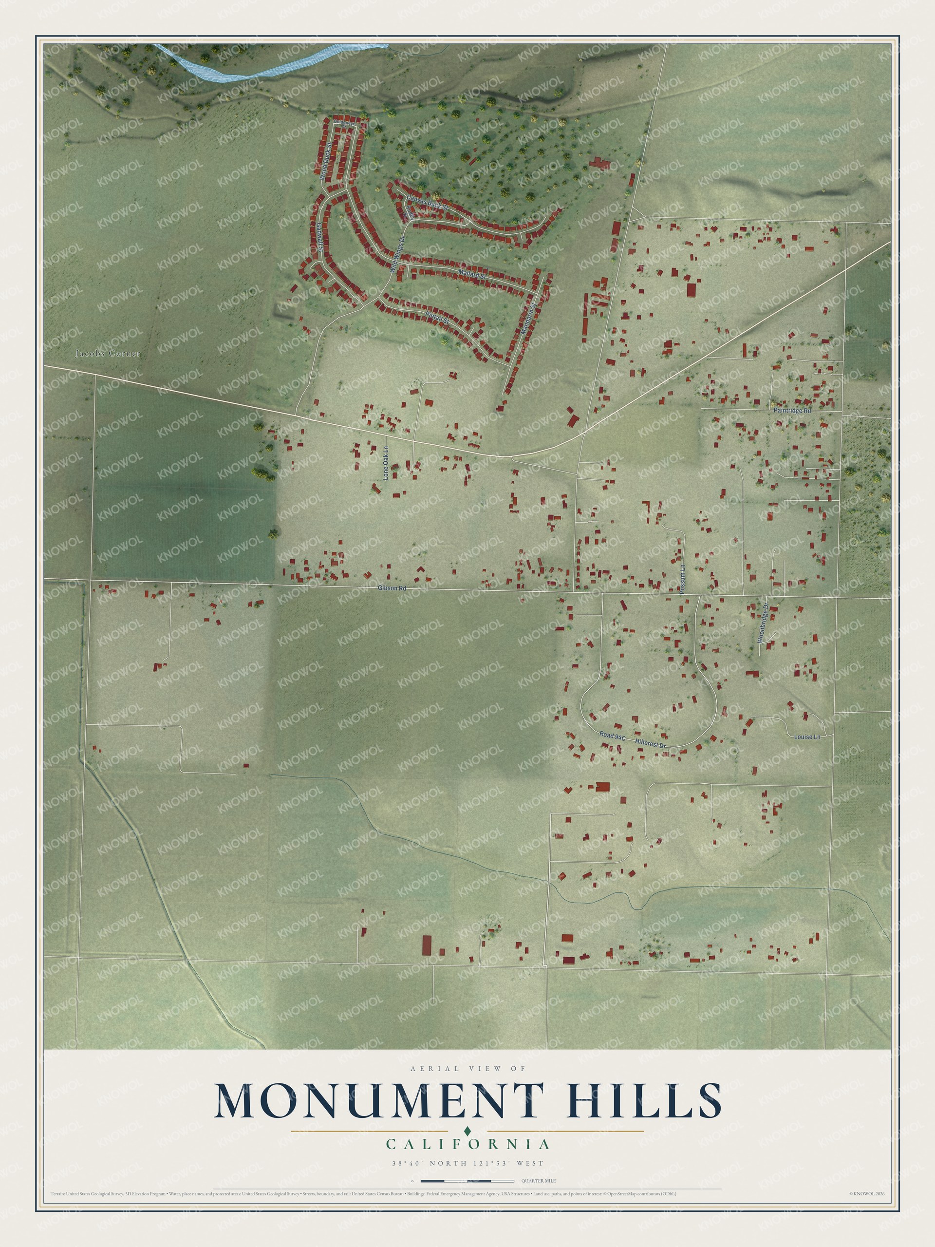 Full map of Monument Hills, California, with red buildings, printed street names and the land around them