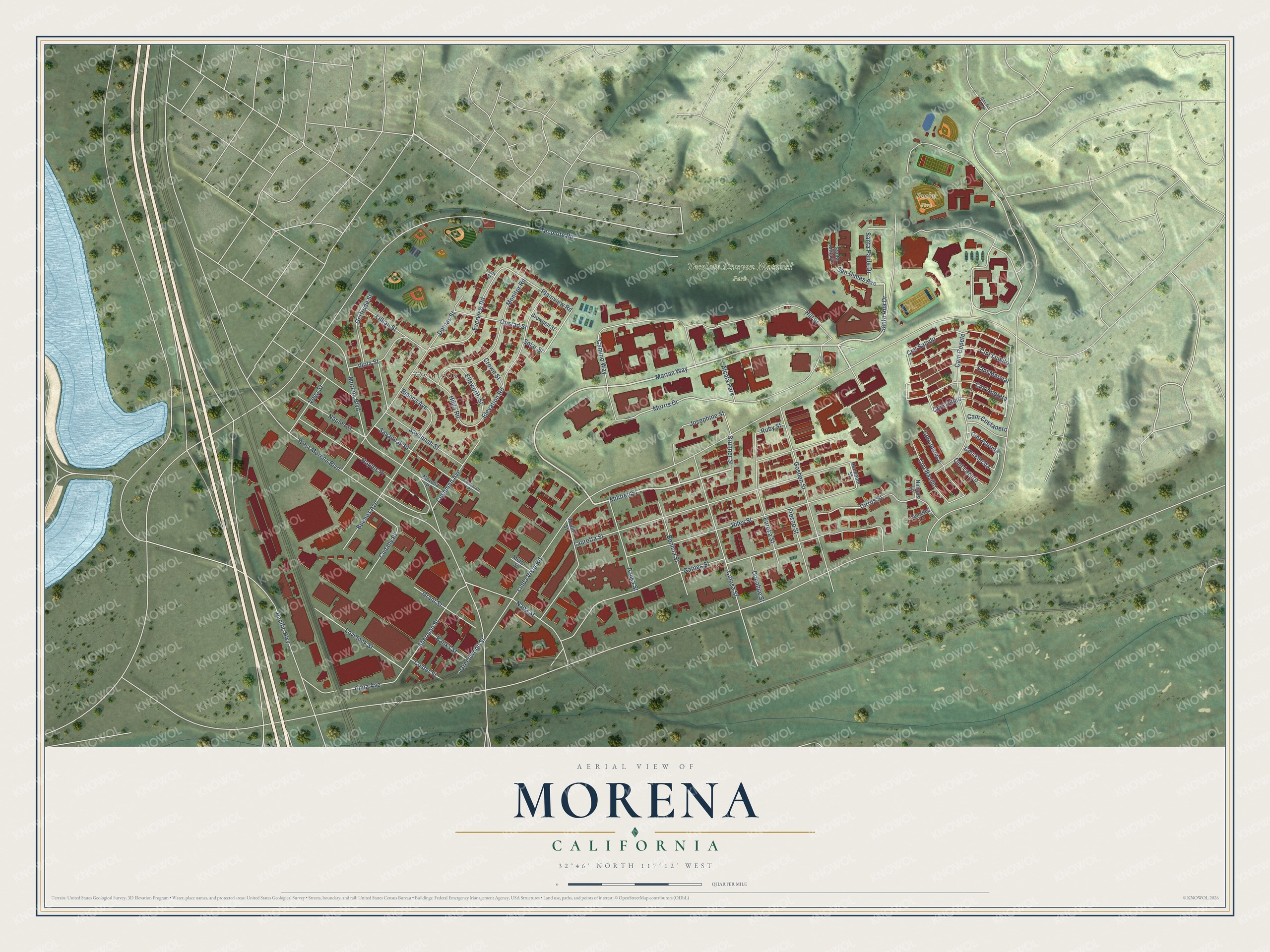 Full map of Morena, California, with red buildings, printed street names and the land around them