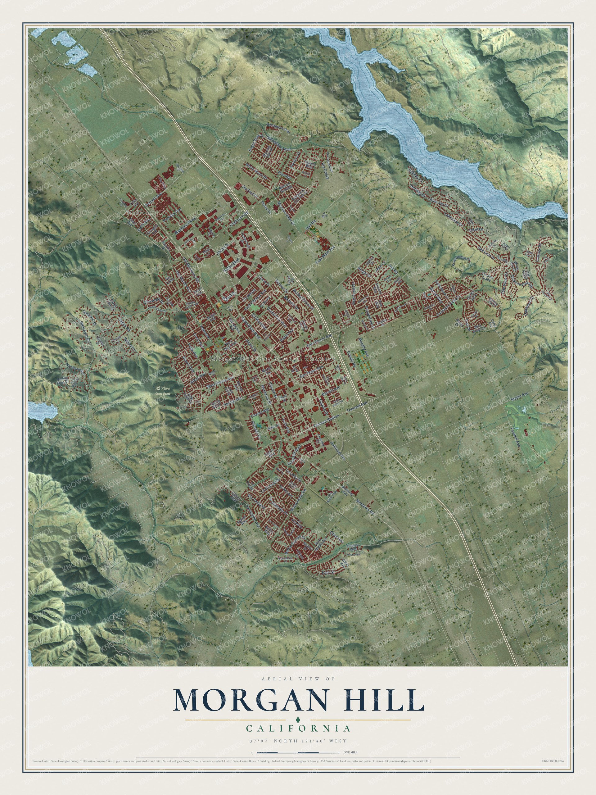 Full map of Morgan Hill, California, with red buildings, printed street names and the land around them