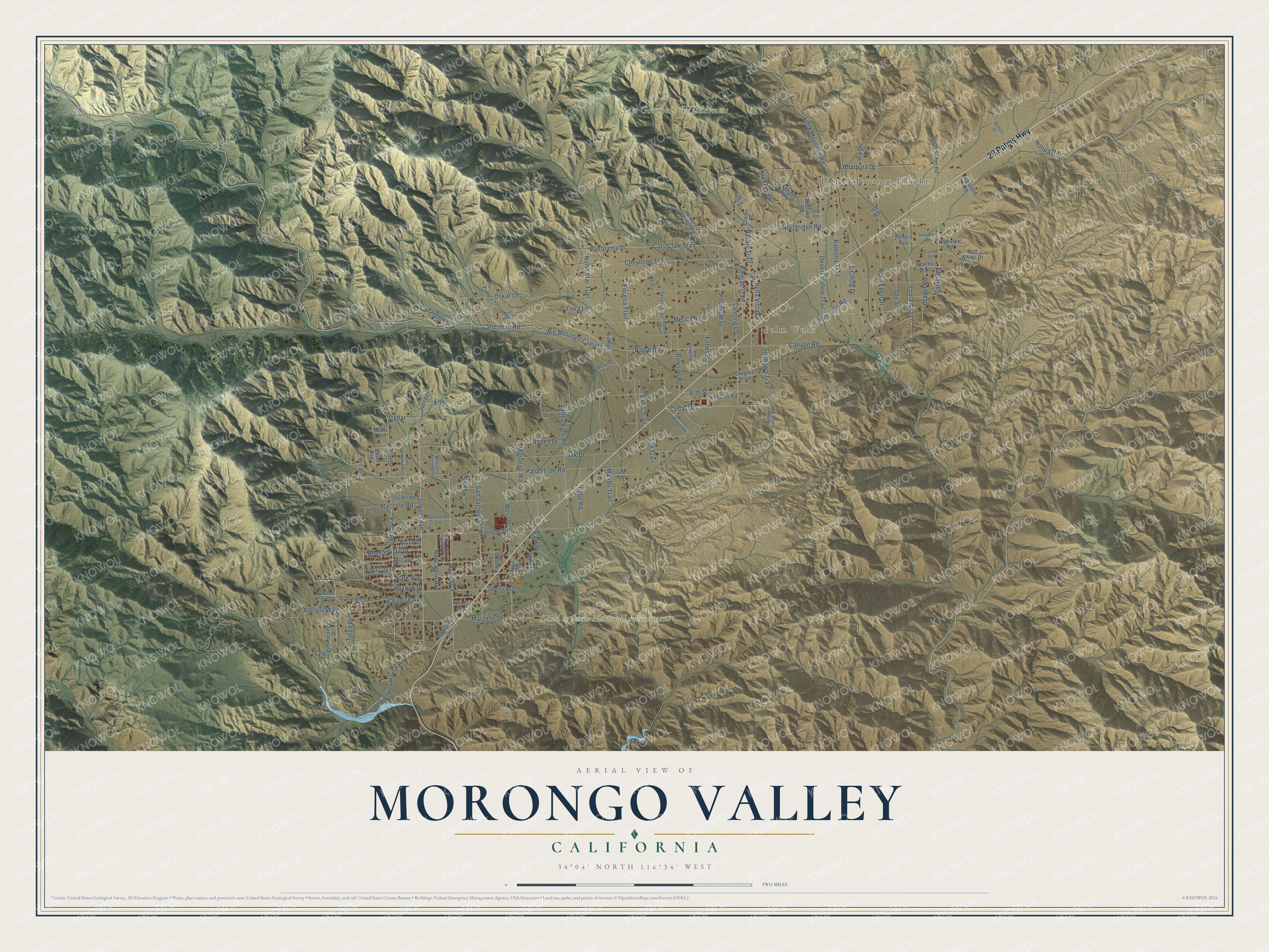 Full map of Morongo Valley, California, with red buildings, printed street names and the land around them