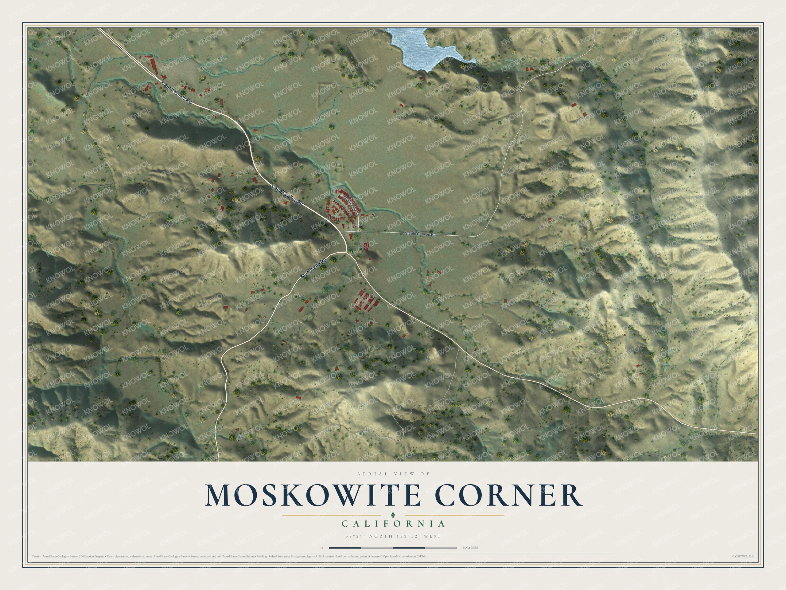 Full map of Moskowite Corner, California, with red buildings, printed street names and the land around them