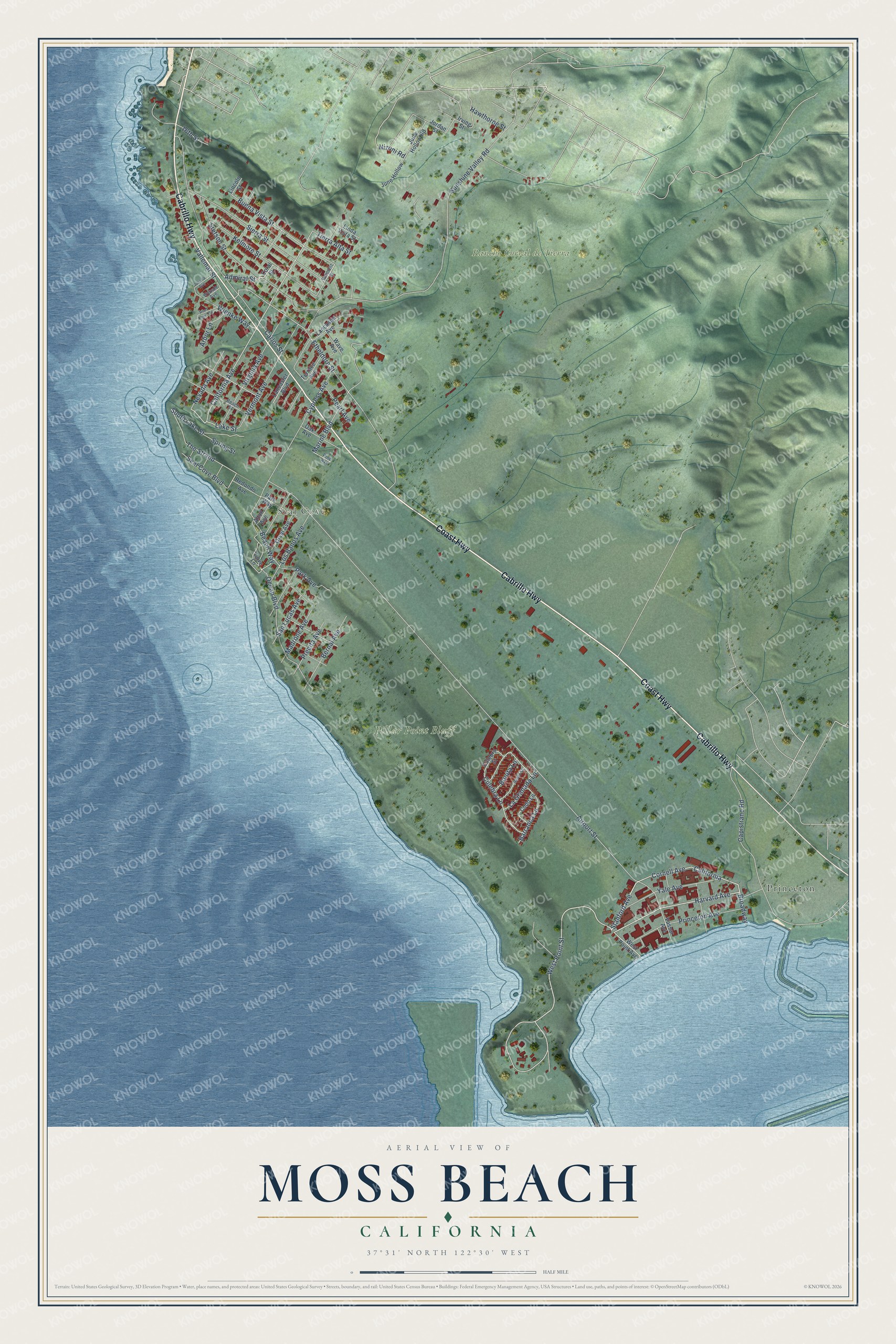 Full map of Moss Beach, California, with red buildings, printed street names and the land around them