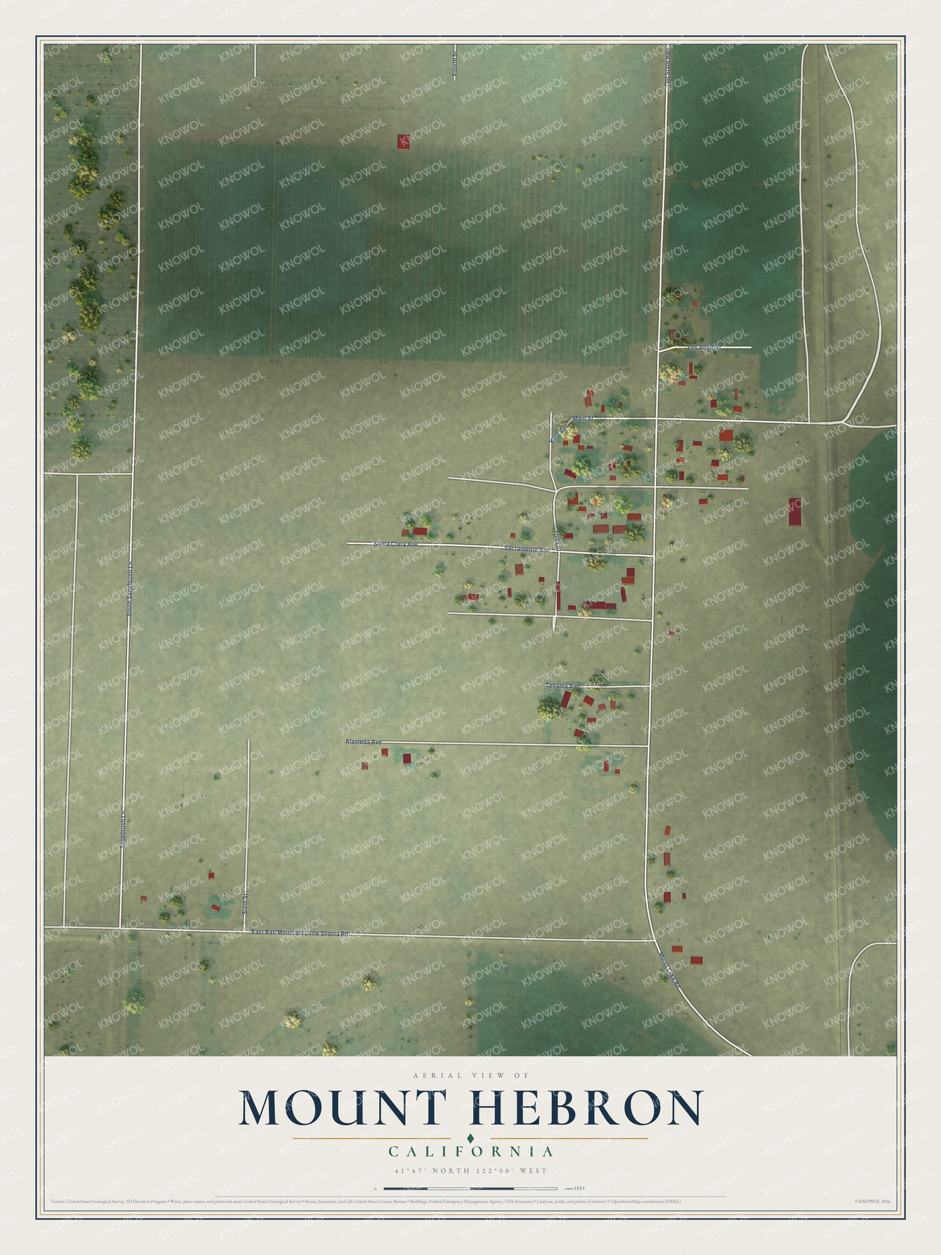 Full map of Mount Hebron, California, with red buildings, printed street names and the land around them