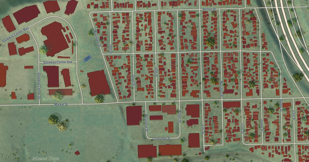 Close-up of streets and buildings in Mount Hope, California
