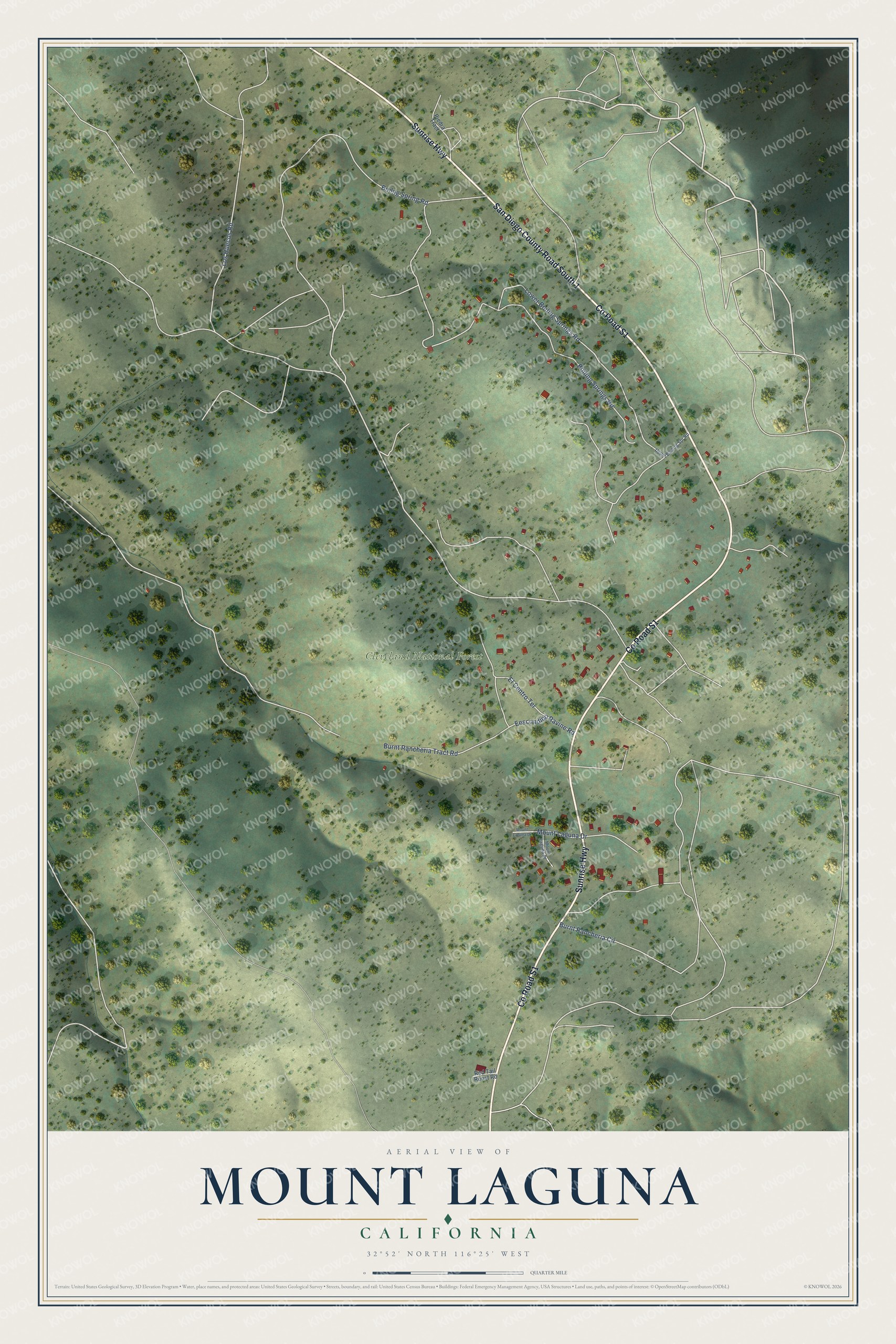 Full map of Mount Laguna, California, with red buildings, printed street names and the land around them