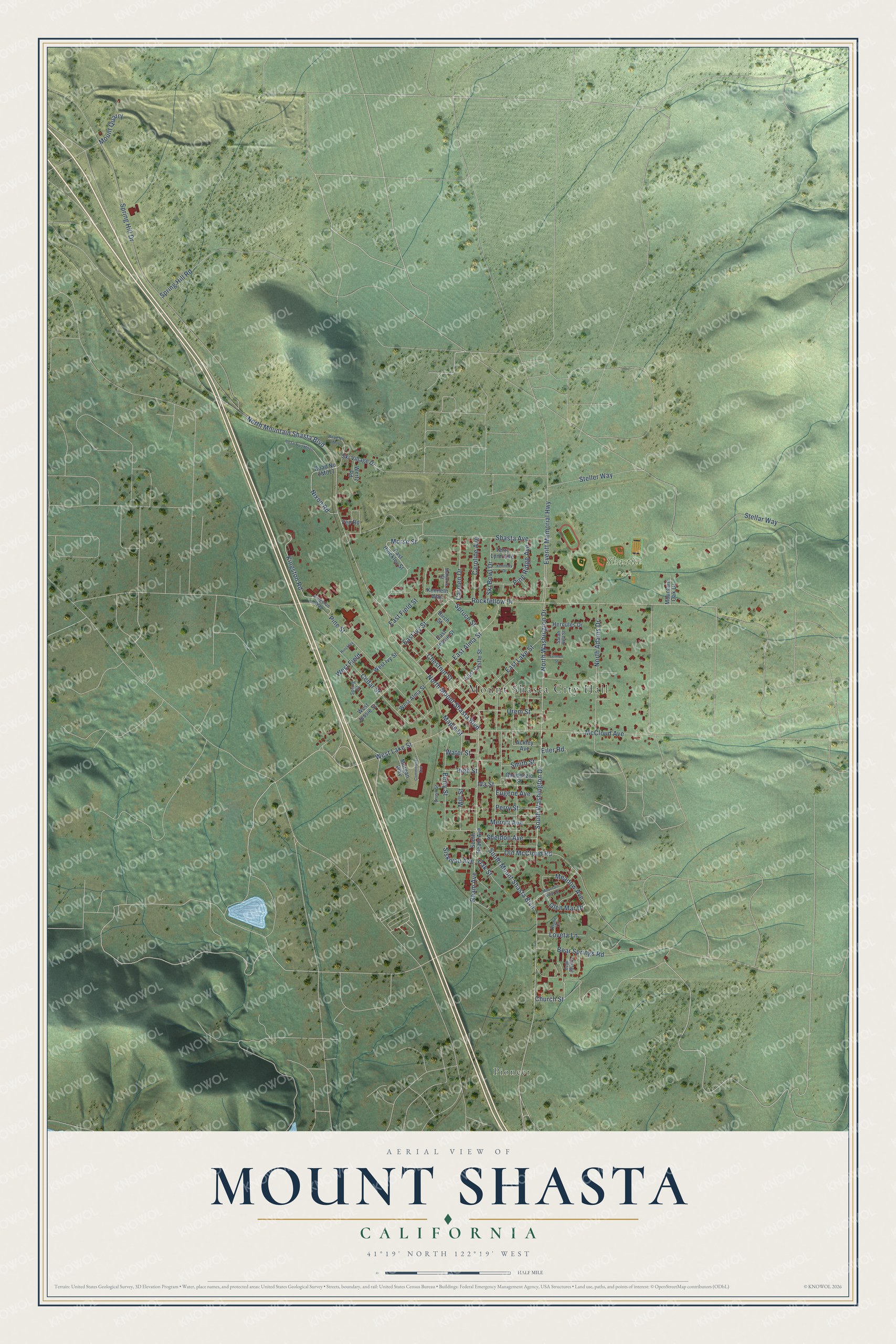 Full map of Mount Shasta, California, with red buildings, printed street names and the land around them