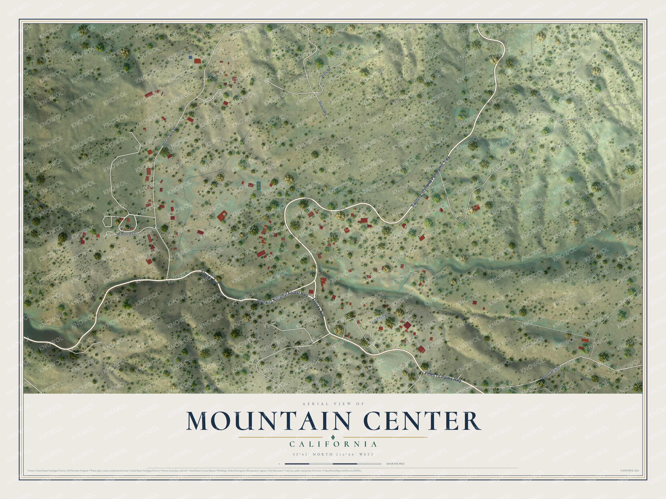 Full map of Mountain Center, California, with red buildings, printed street names and the land around them