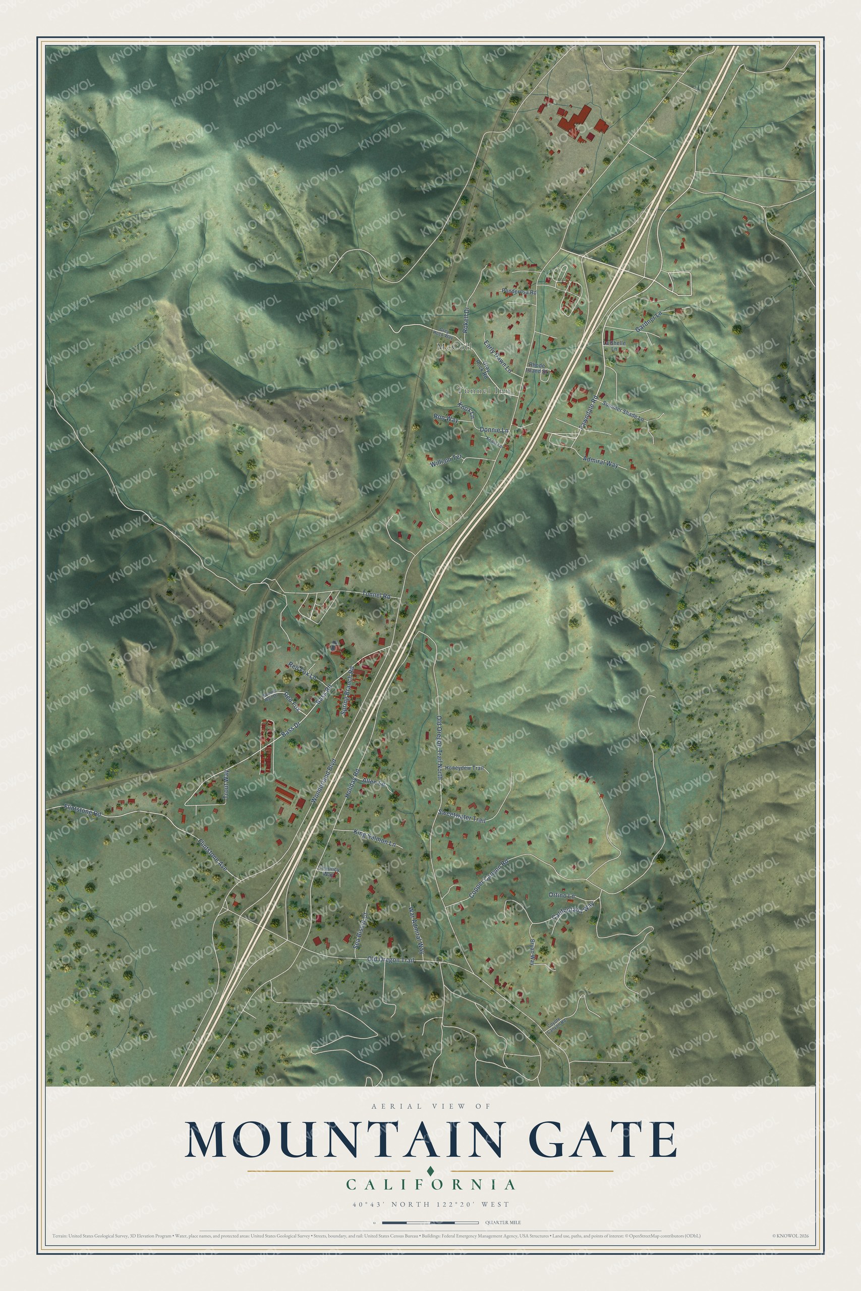 Full map of Mountain Gate, California, with red buildings, printed street names and the land around them