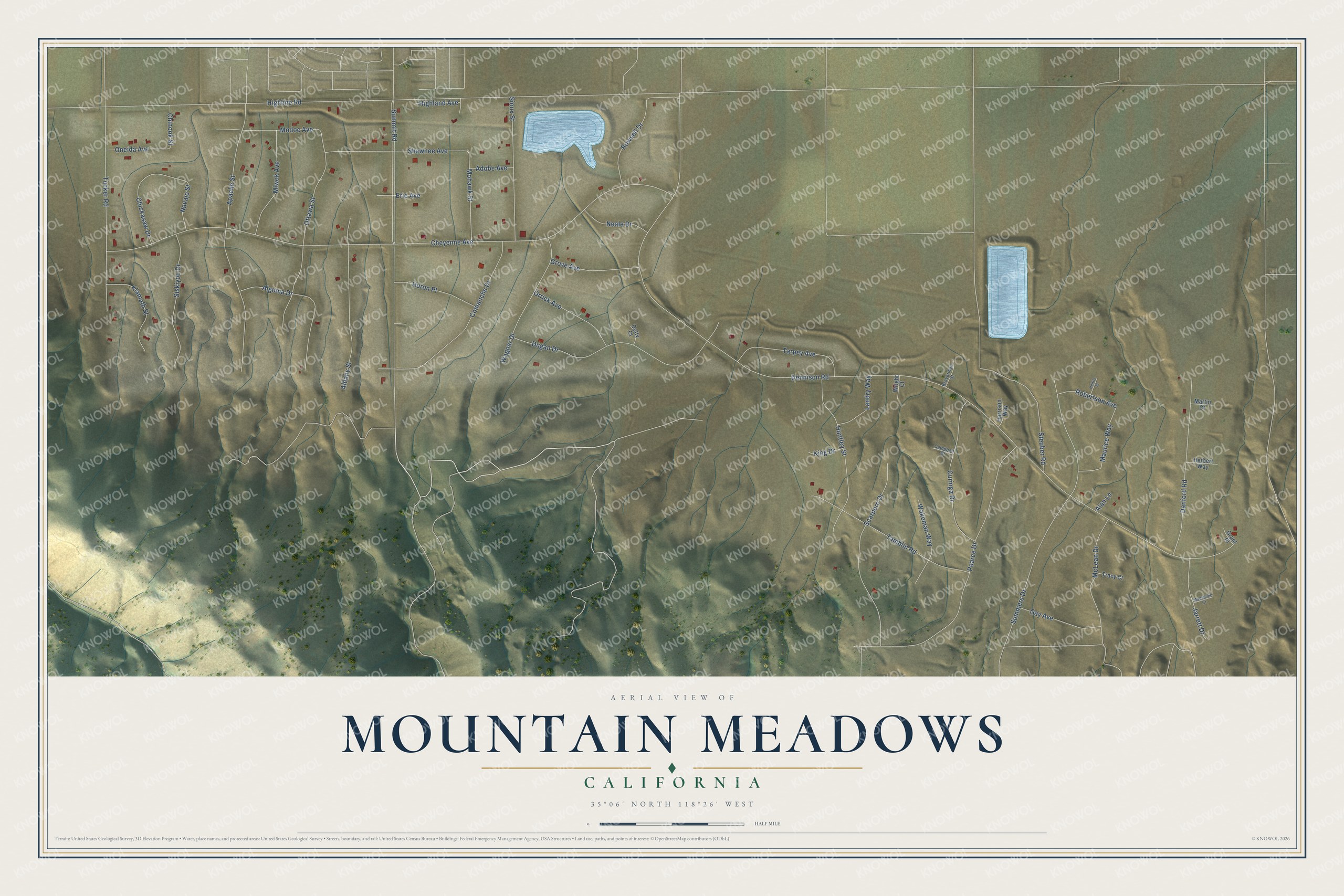 Full map of Mountain Meadows, California, with red buildings, printed street names and the land around them