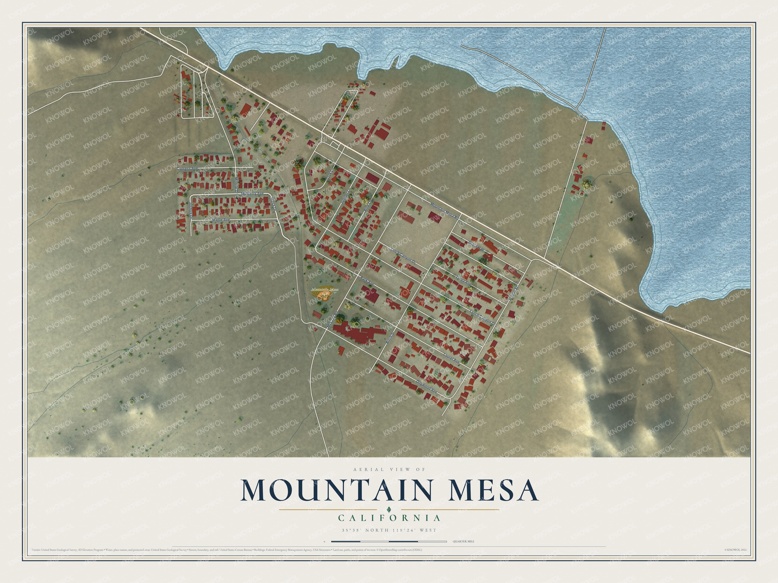 Full map of Mountain Mesa, California, with red buildings, printed street names and the land around them
