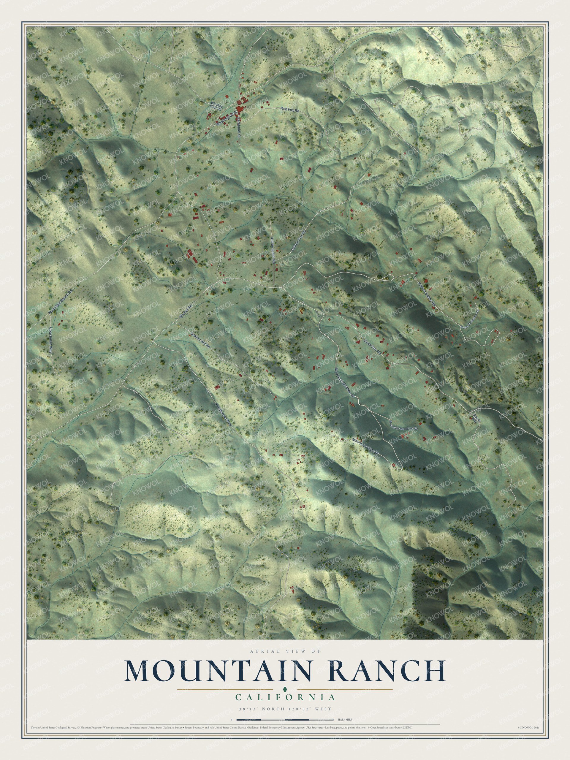Full map of Mountain Ranch, California, with red buildings, printed street names and the land around them