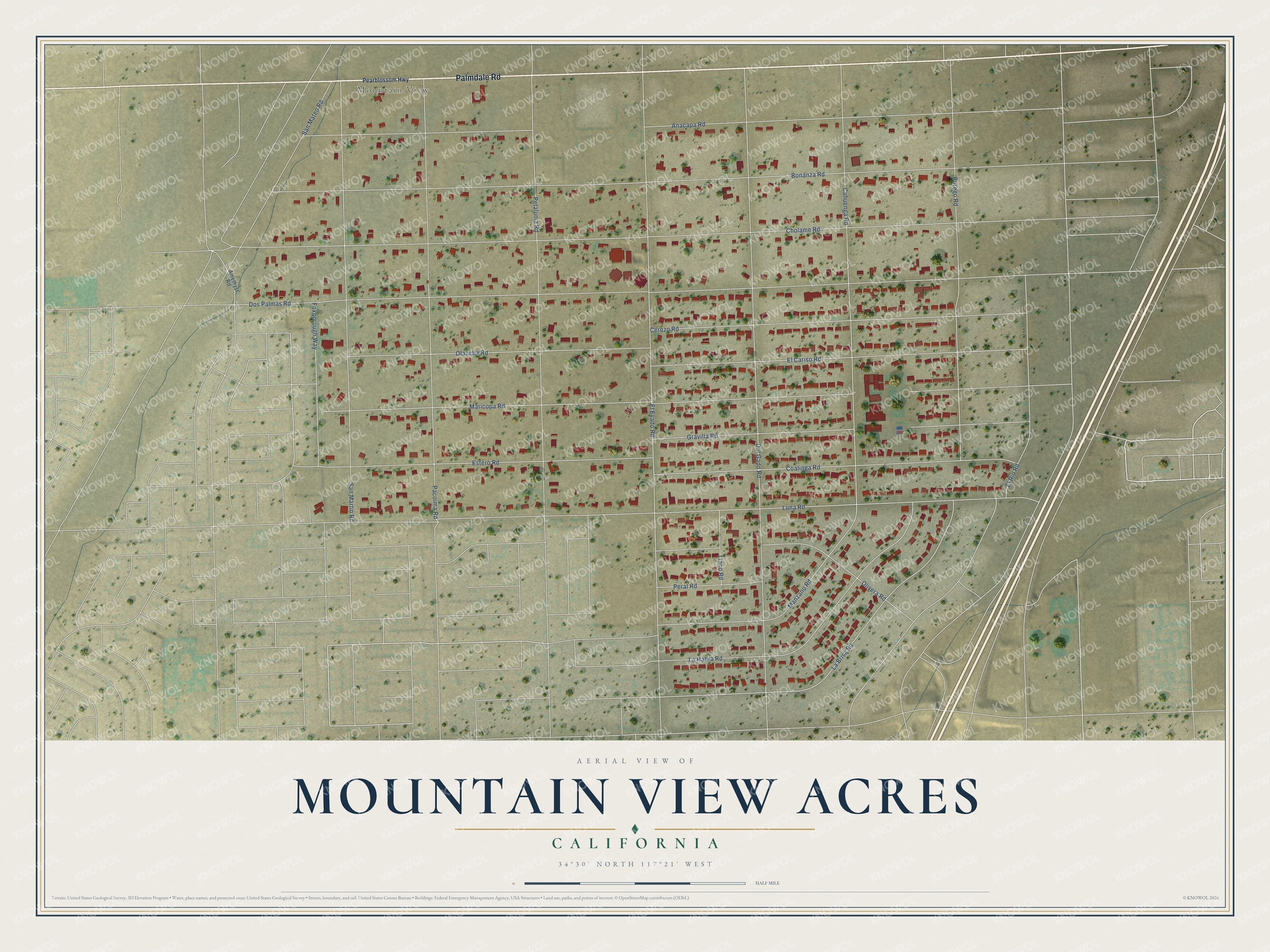 Full map of Mountain View Acres, California, with red buildings, printed street names and the land around them