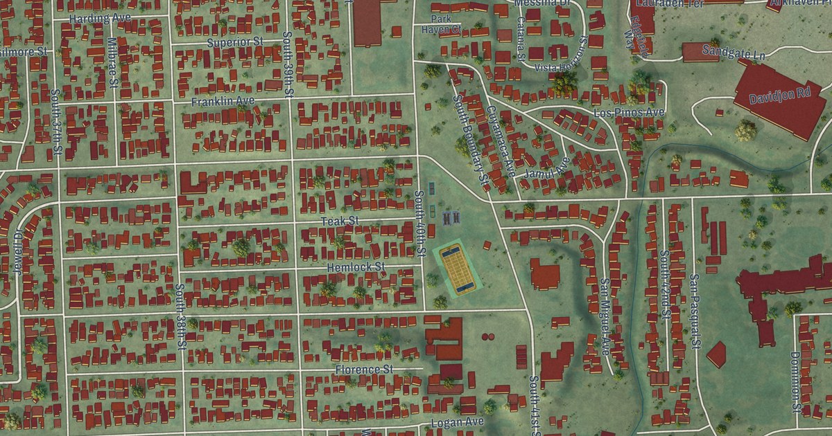 Close-up of streets and buildings in Mountain View, San Diego, California