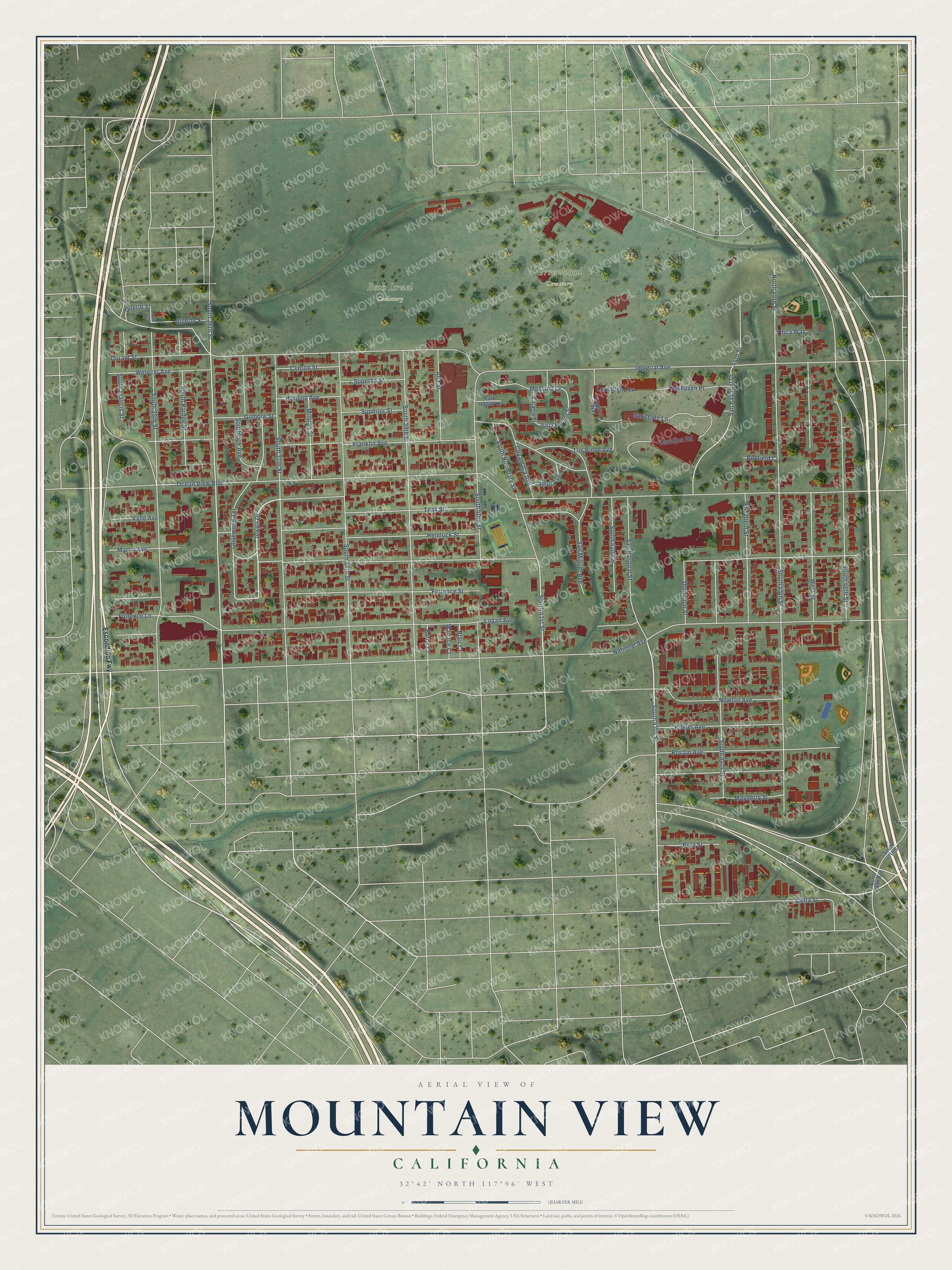 Full map of Mountain View, California, with red buildings, printed street names and the land around them