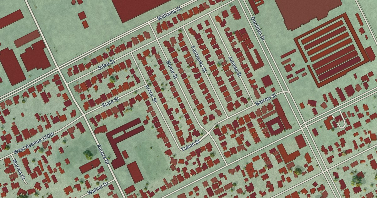 Close-up of streets and buildings in Mulford Gardens, California