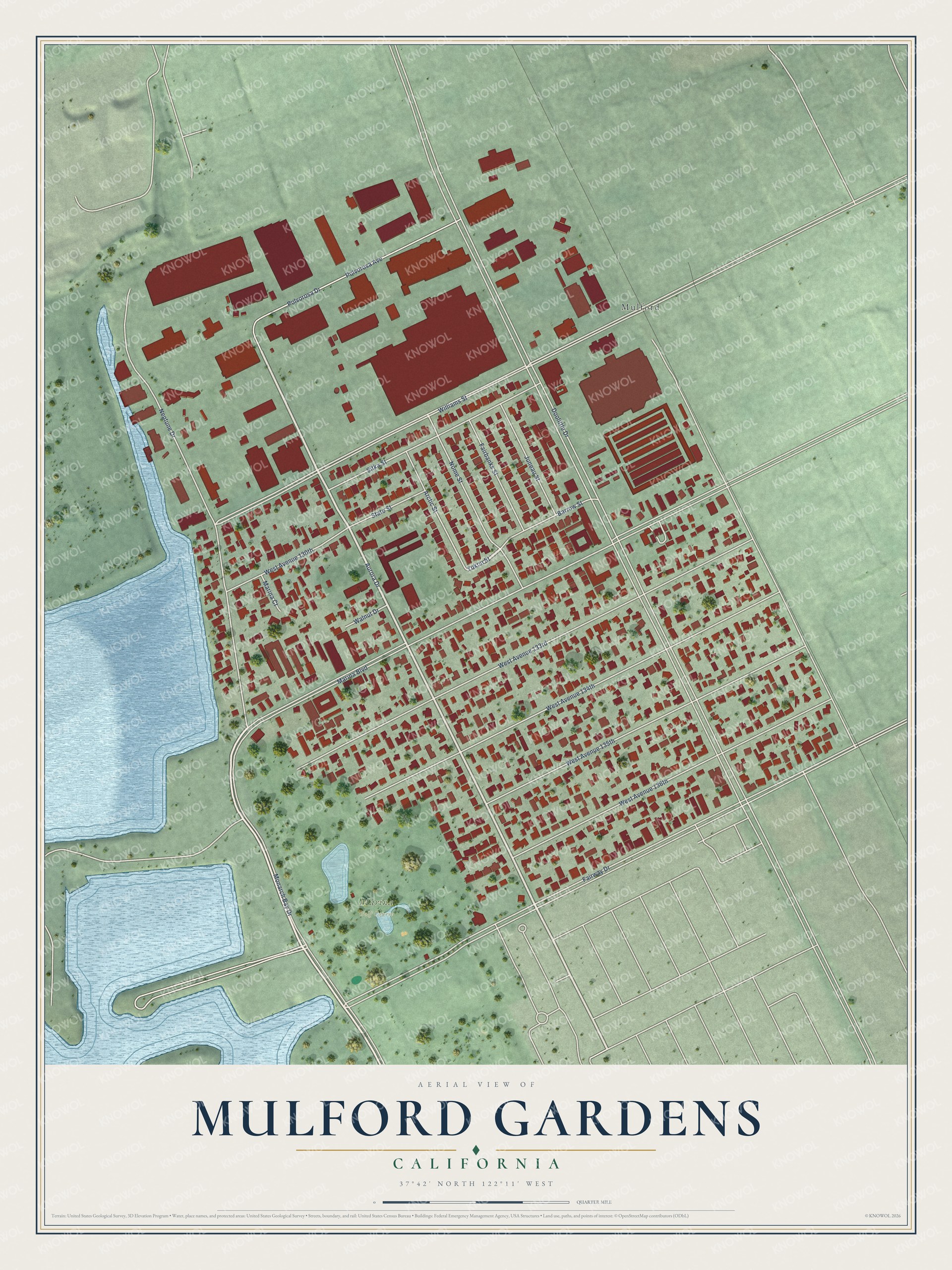 Full map of Mulford Gardens, California, with red buildings, printed street names and the land around them