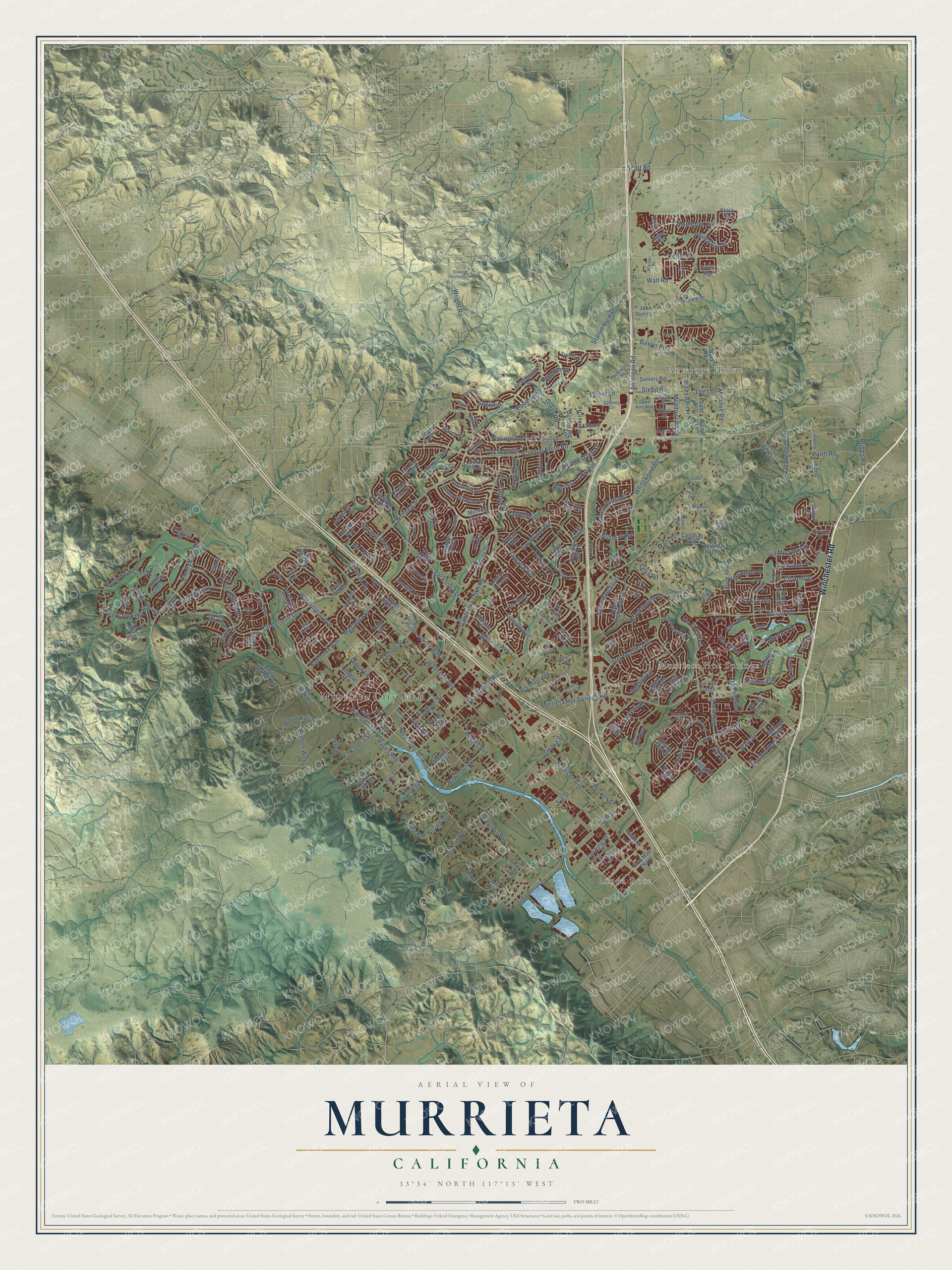 Full map of Murrieta, California, with red buildings, printed street names and the land around them