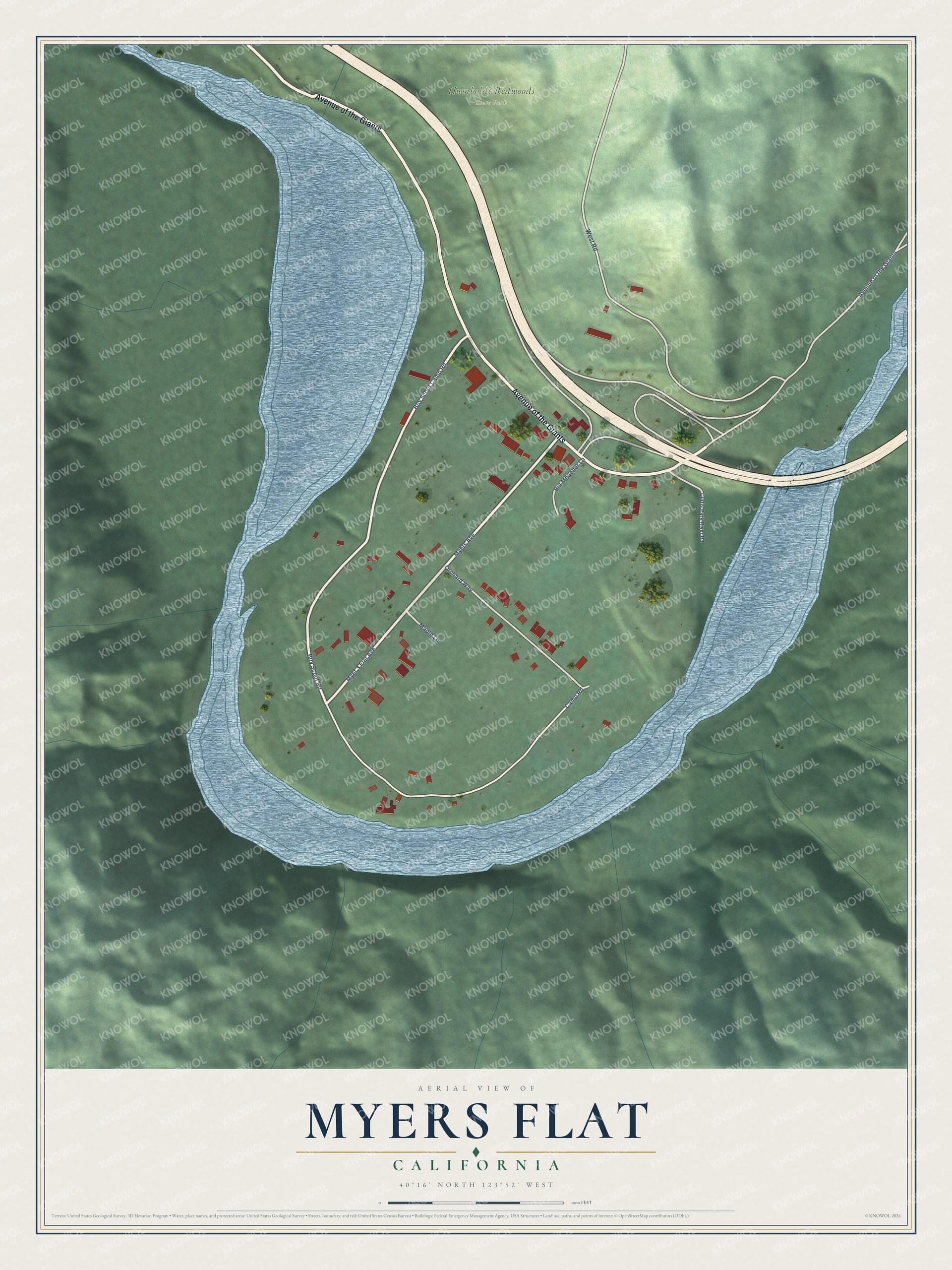 Full map of Myers Flat, California, with red buildings, printed street names and the land around them