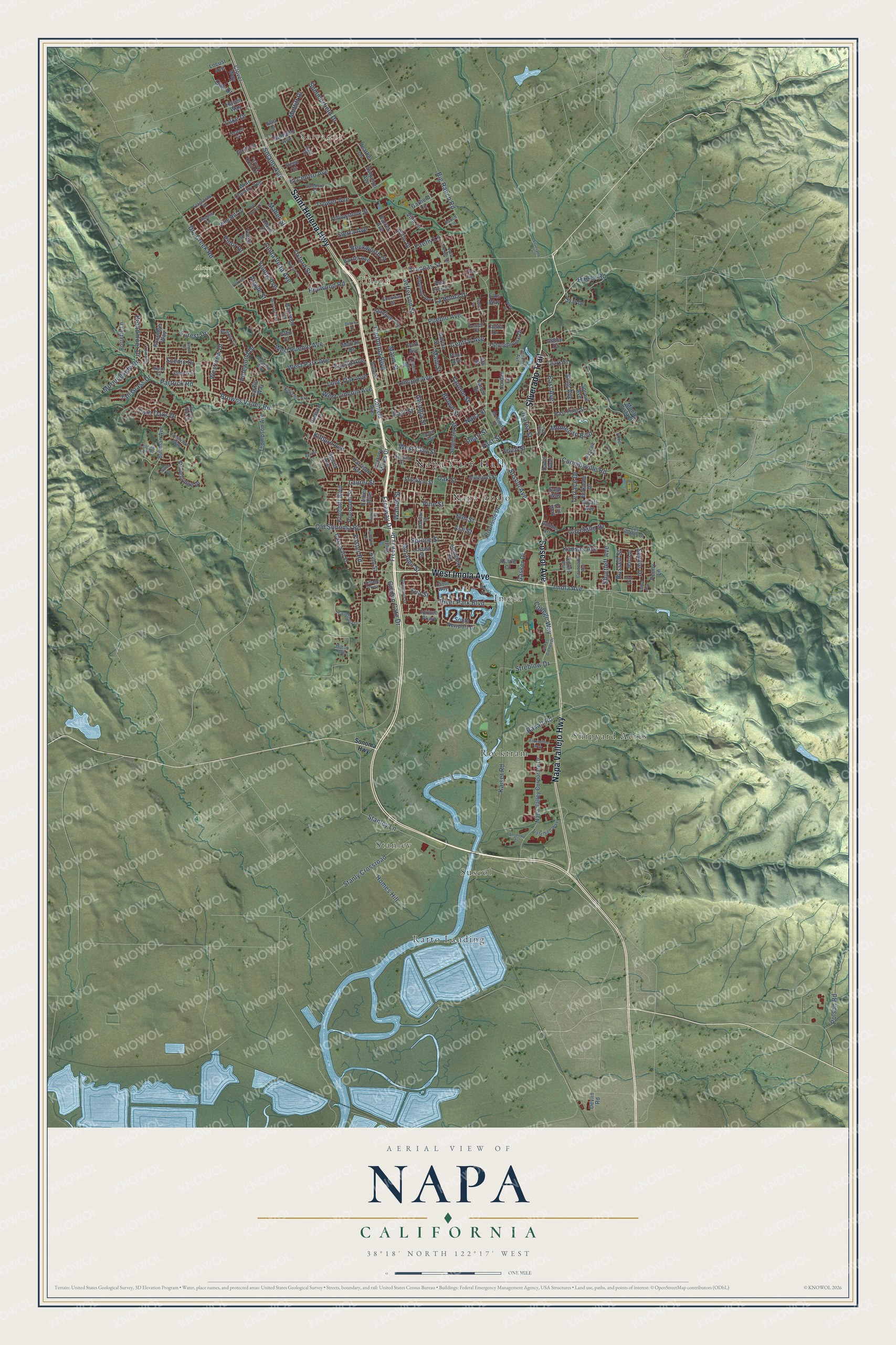 Full map of Napa, California, with red buildings, printed street names and the land around them