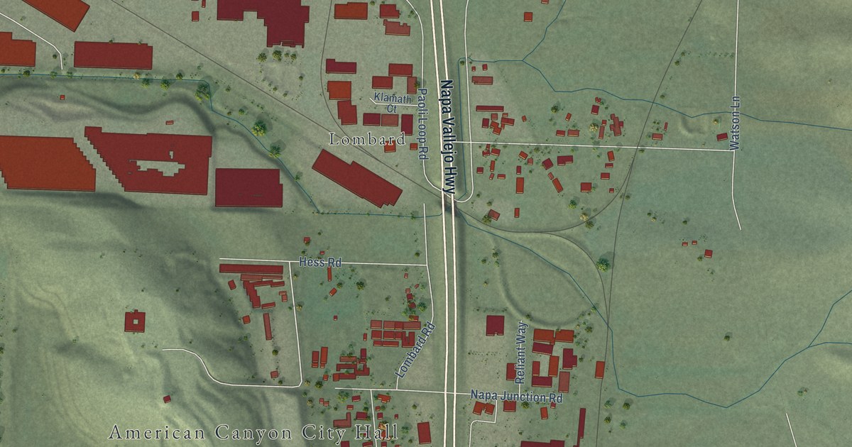 Close-up of streets and buildings in Napa Junction, California