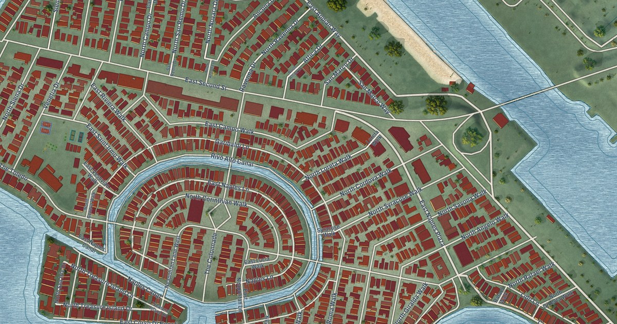 Close-up of streets and buildings in Naples, California