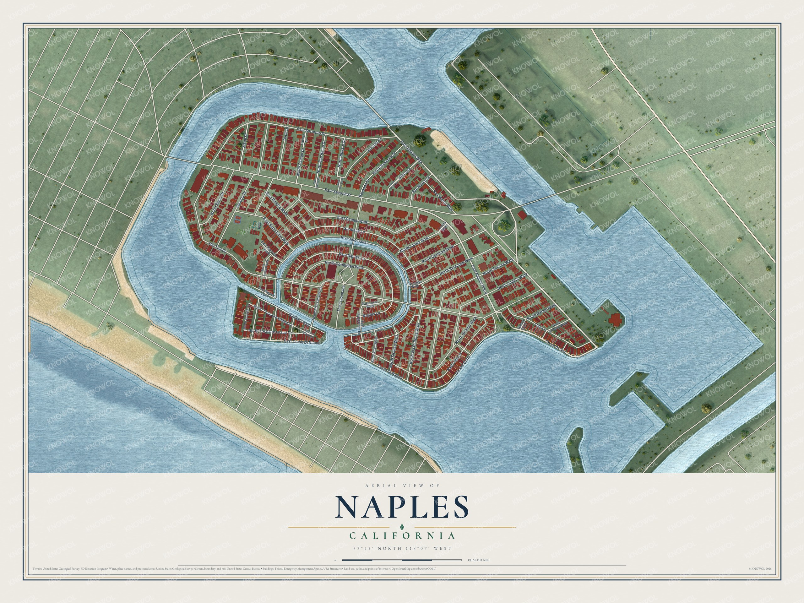 Full map of Naples, California, with red buildings, printed street names and the land around them
