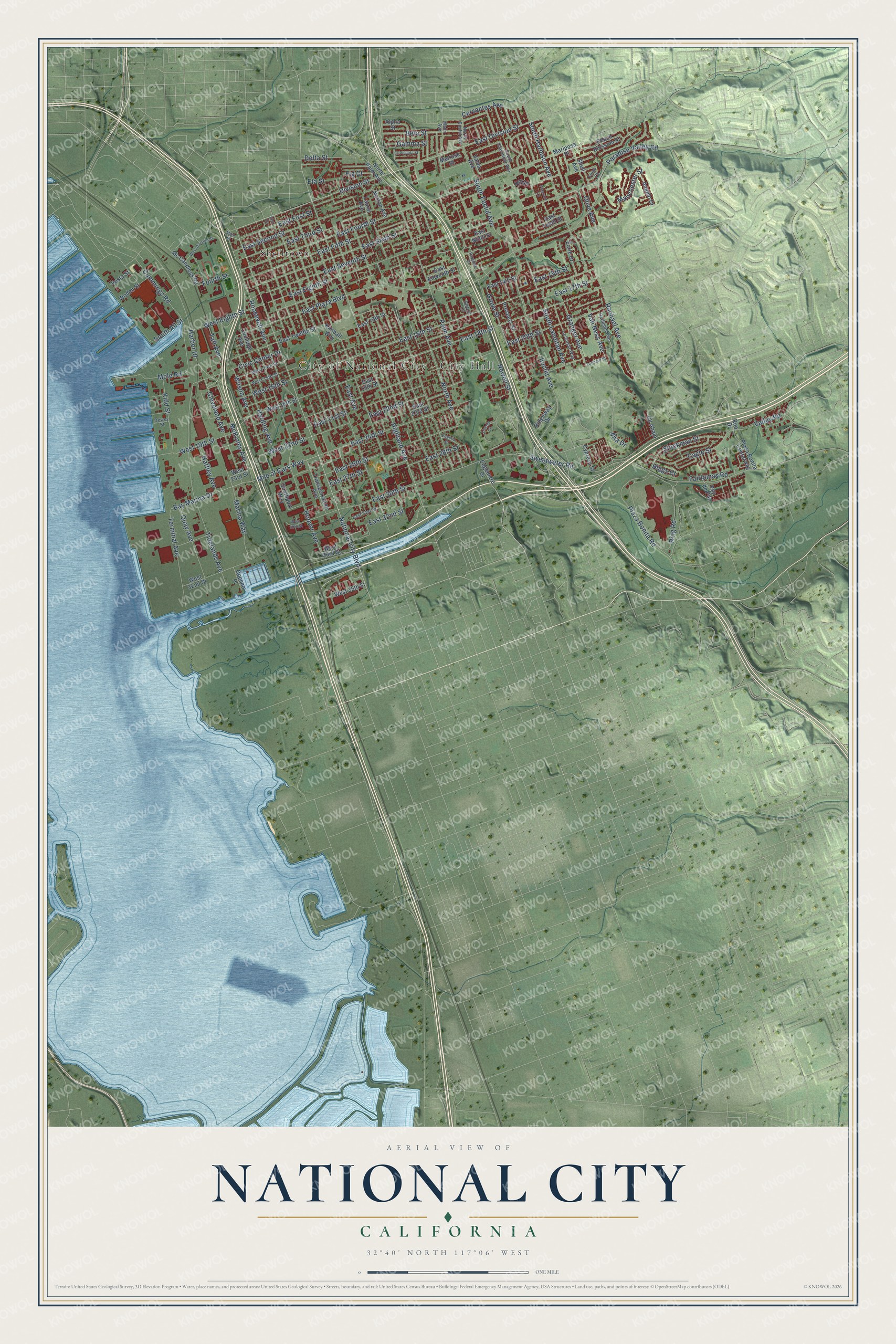 Full map of National City, California, with red buildings, printed street names and the land around them