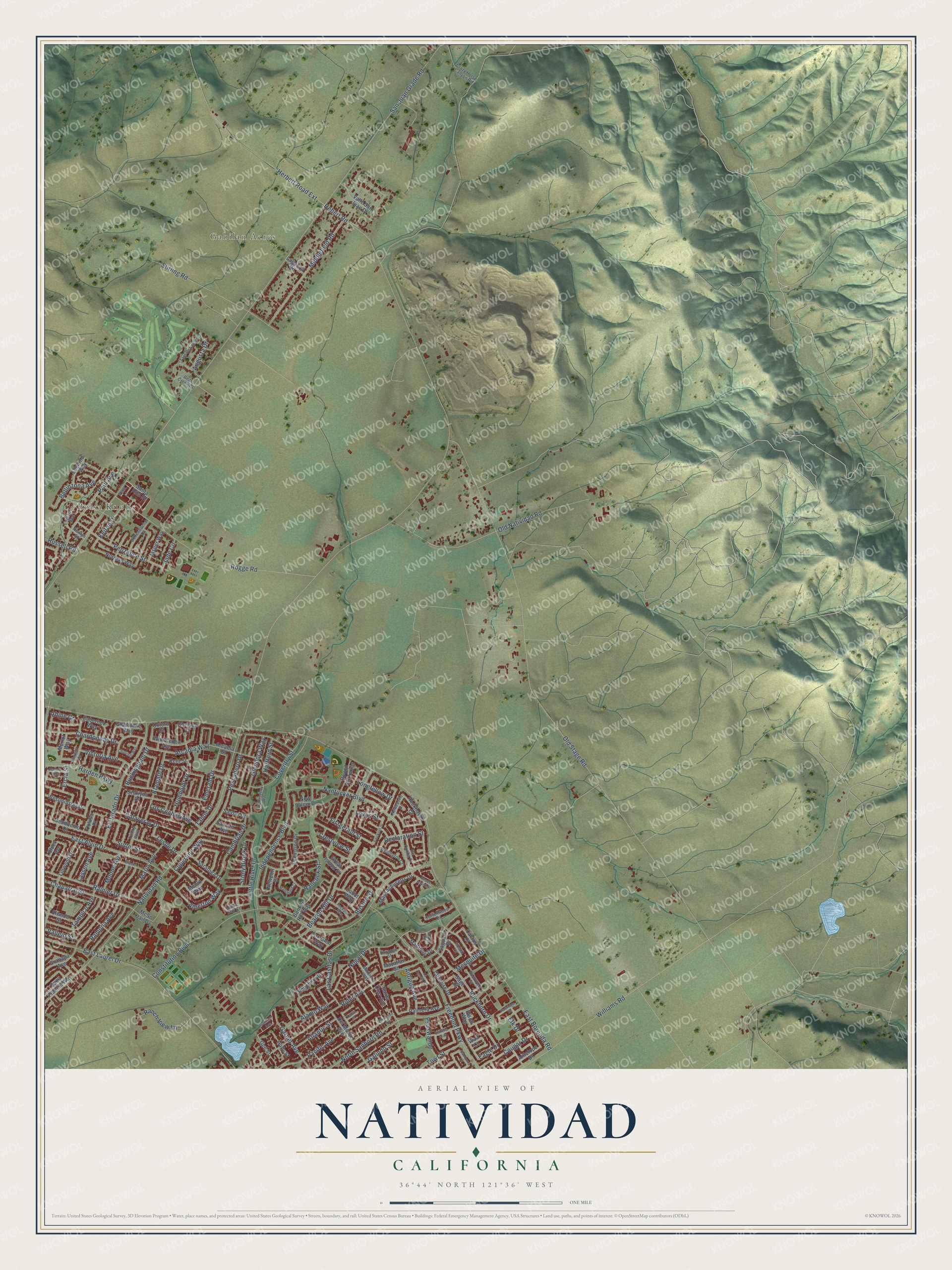 Full map of Natividad, California, with red buildings, printed street names and the land around them