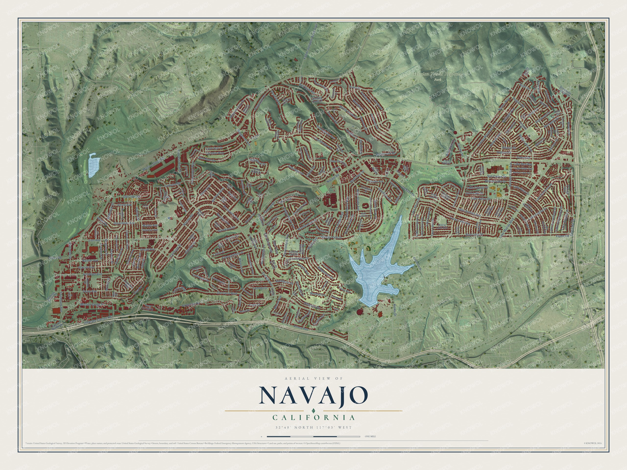 Full map of Navajo, California, with red buildings, printed street names and the land around them