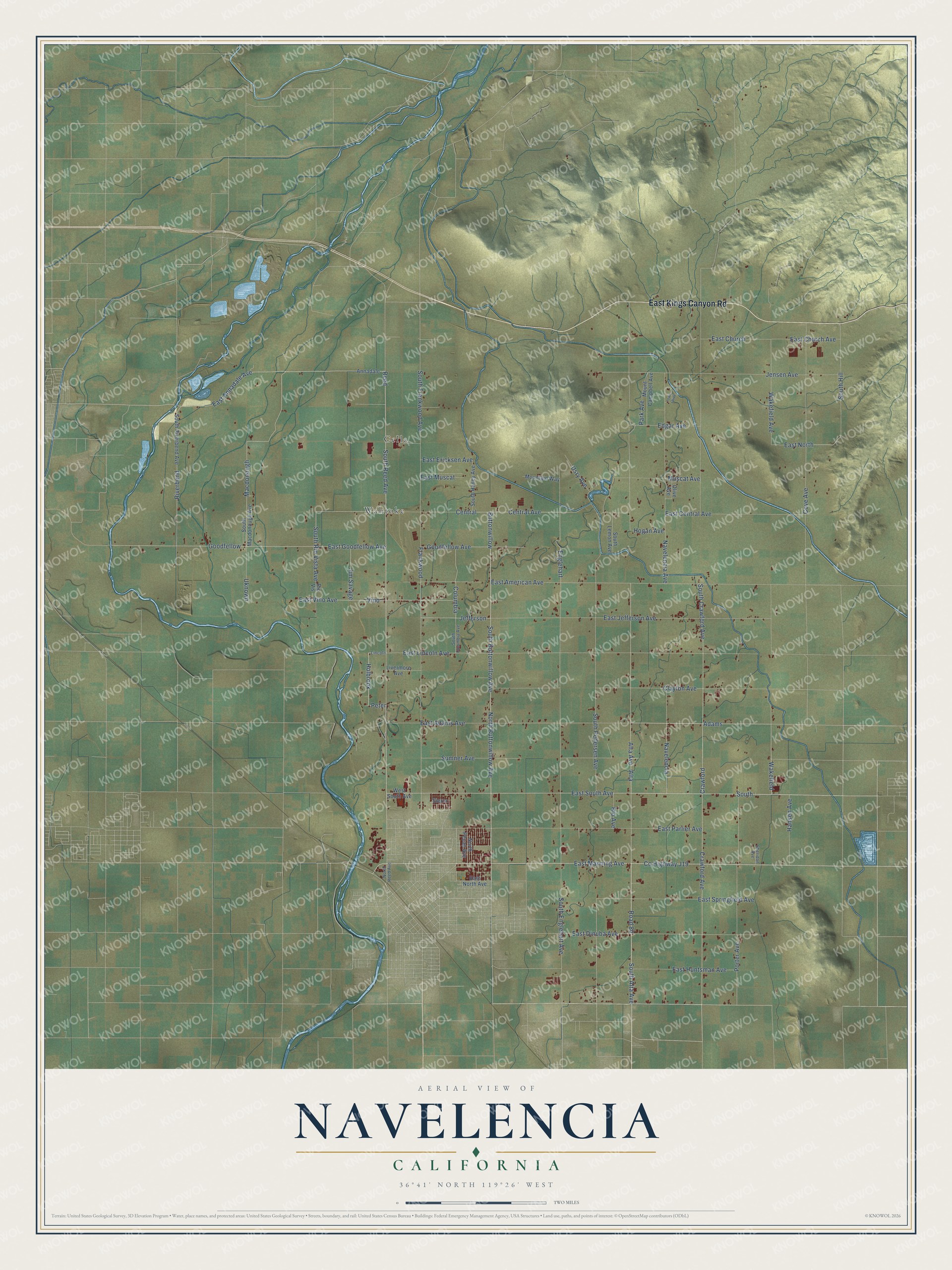 Full map of Navelencia, California, with red buildings, printed street names and the land around them