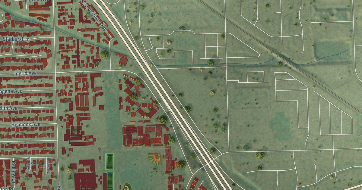 Close-up of streets and buildings in Nestor, California