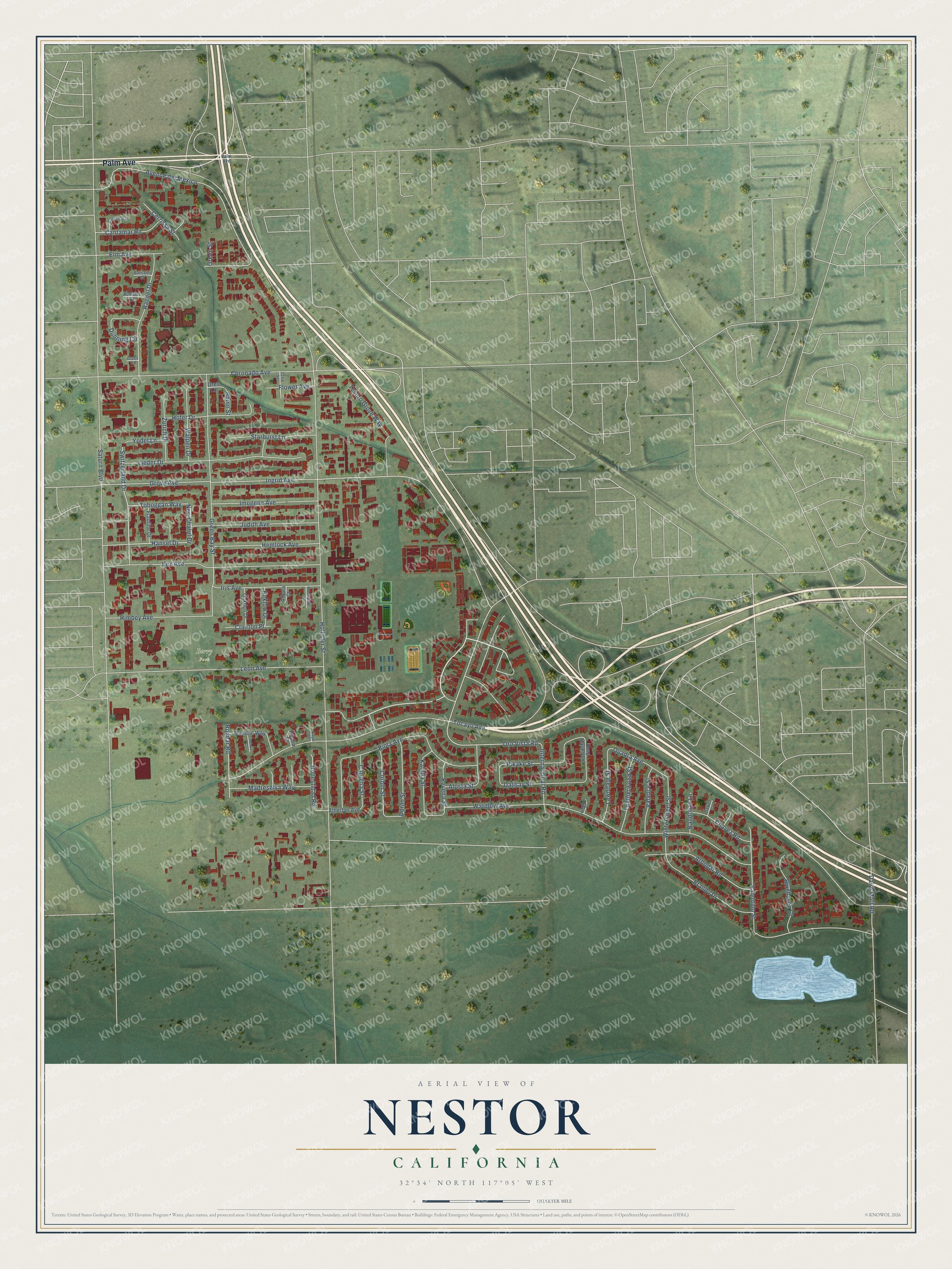Full map of Nestor, California, with red buildings, printed street names and the land around them