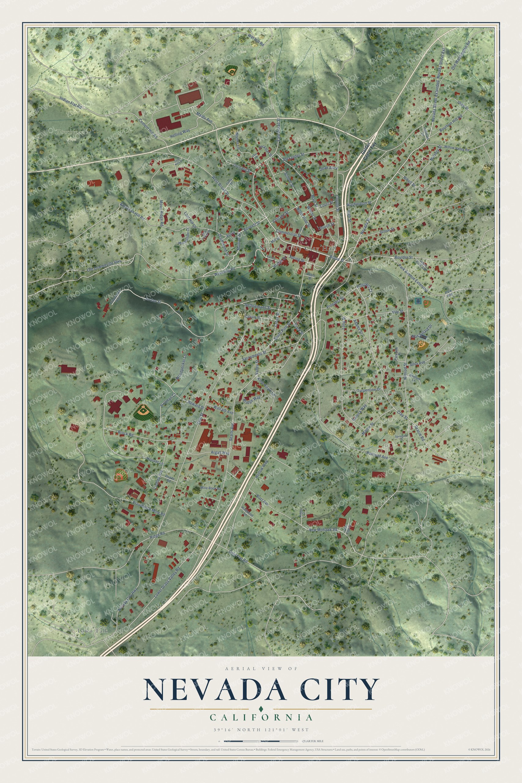 Watermarked full-map preview of Nevada City, California