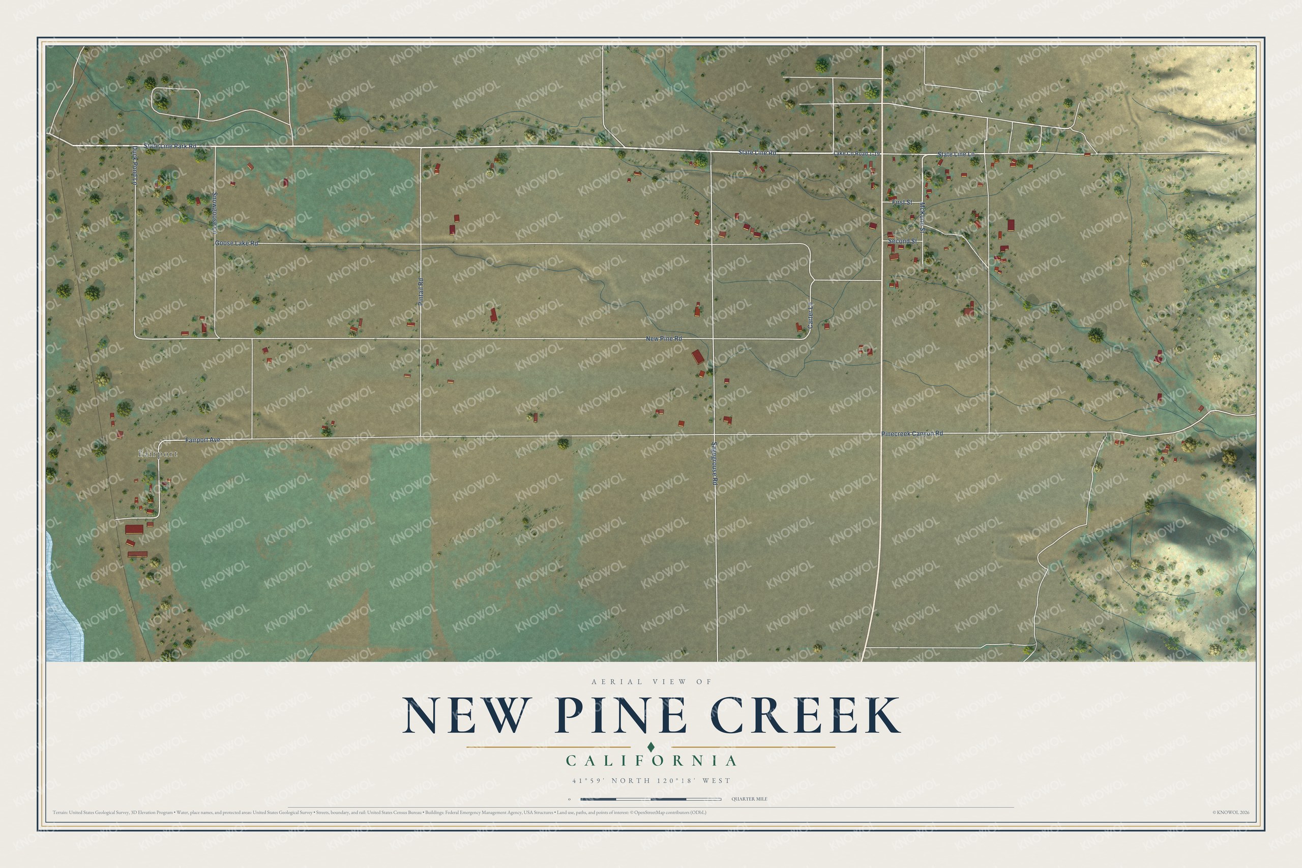 Full map of New Pine Creek, California, with red buildings, printed street names and the land around them