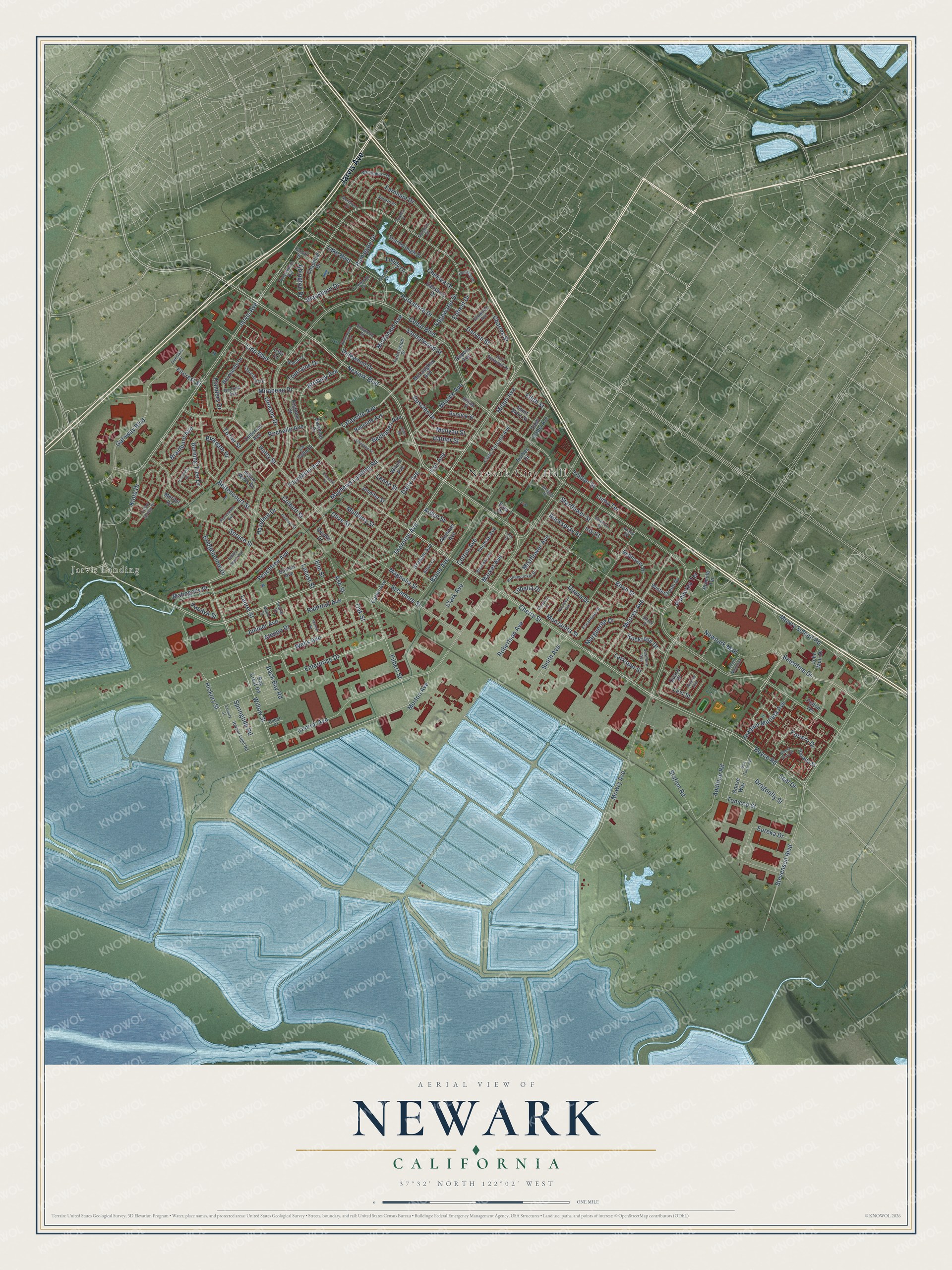 Full map of Newark, California, with red buildings, printed street names and the land around them