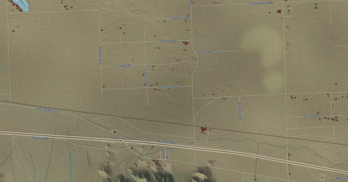 Close-up of streets and buildings in Newberry Springs, California