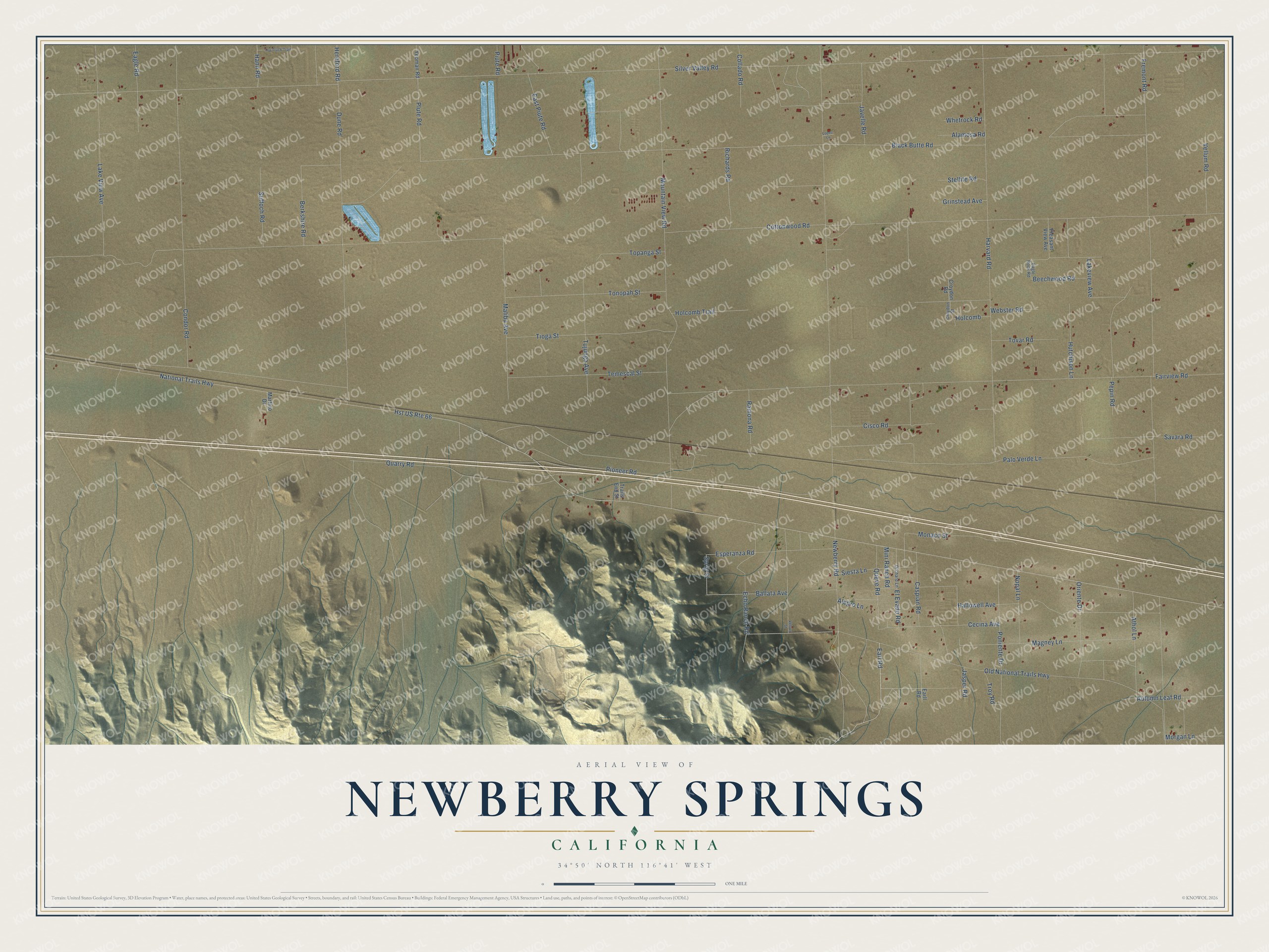 Full map of Newberry Springs, California, with red buildings, printed street names and the land around them