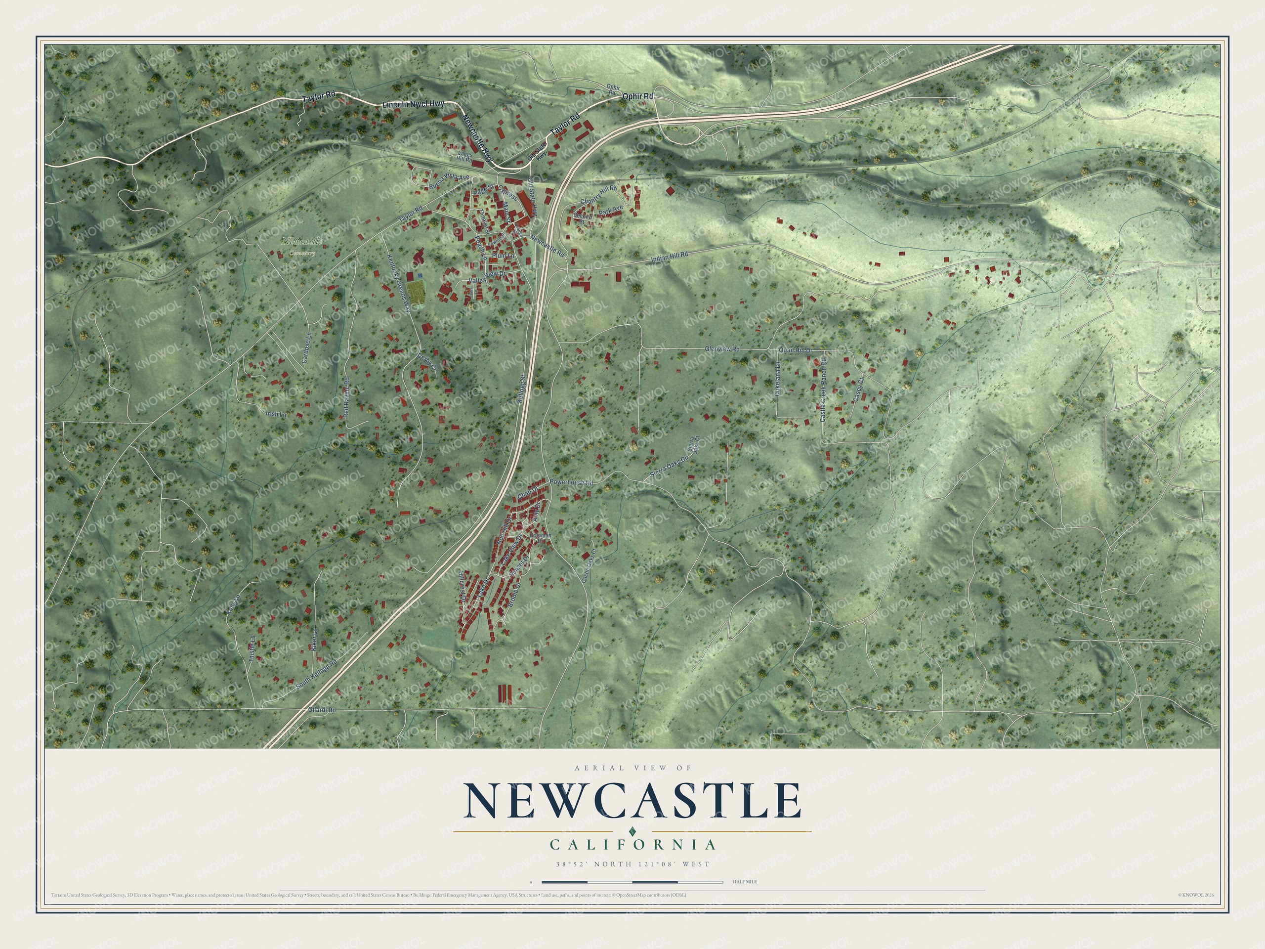Full map of Newcastle, California, with red buildings, printed street names and the land around them