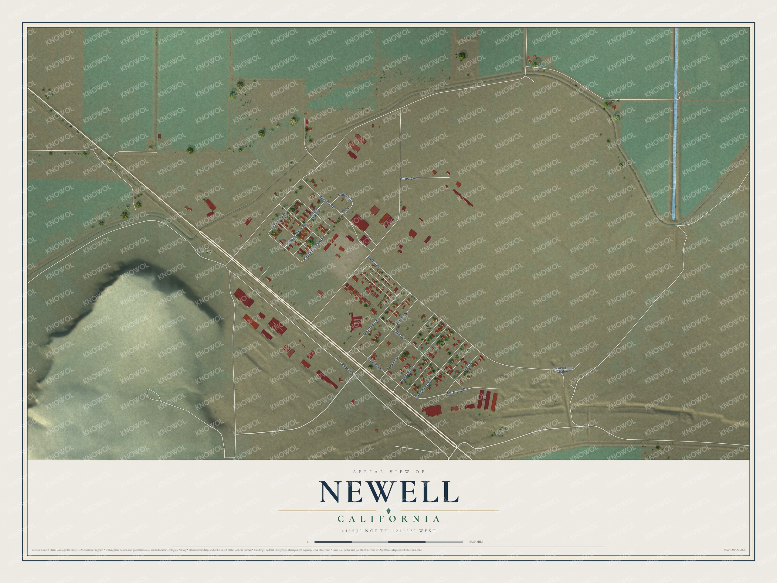 Full map of Newell, California, with red buildings, printed street names and the land around them