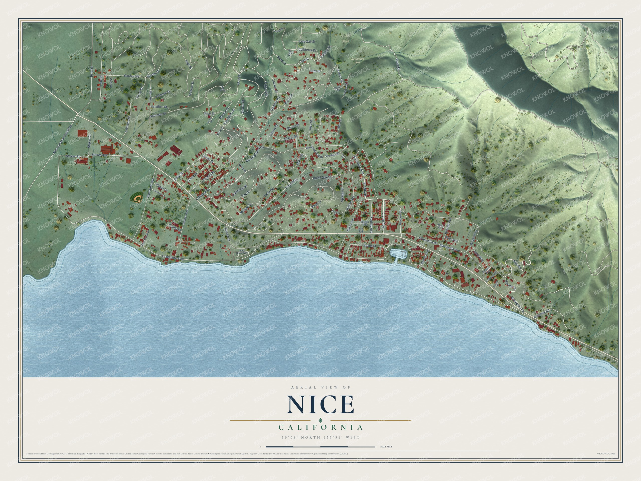Full map of Nice, California, with red buildings, printed street names and the land around them