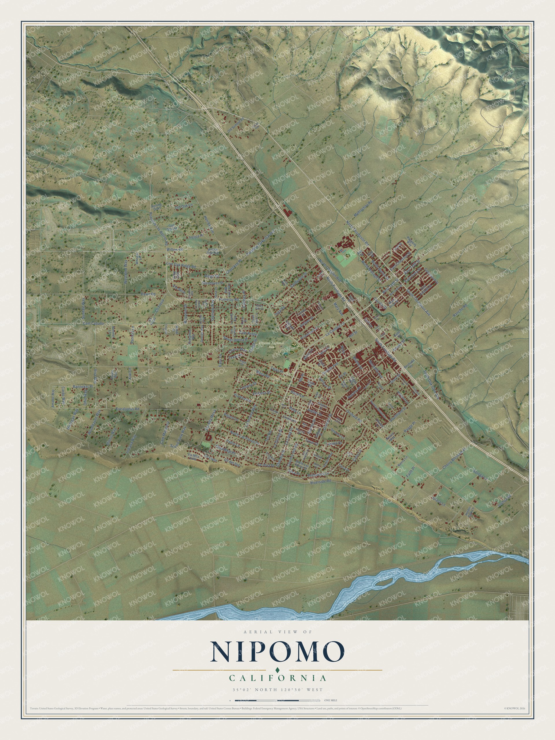 Full map of Nipomo, California, with red buildings, printed street names and the land around them
